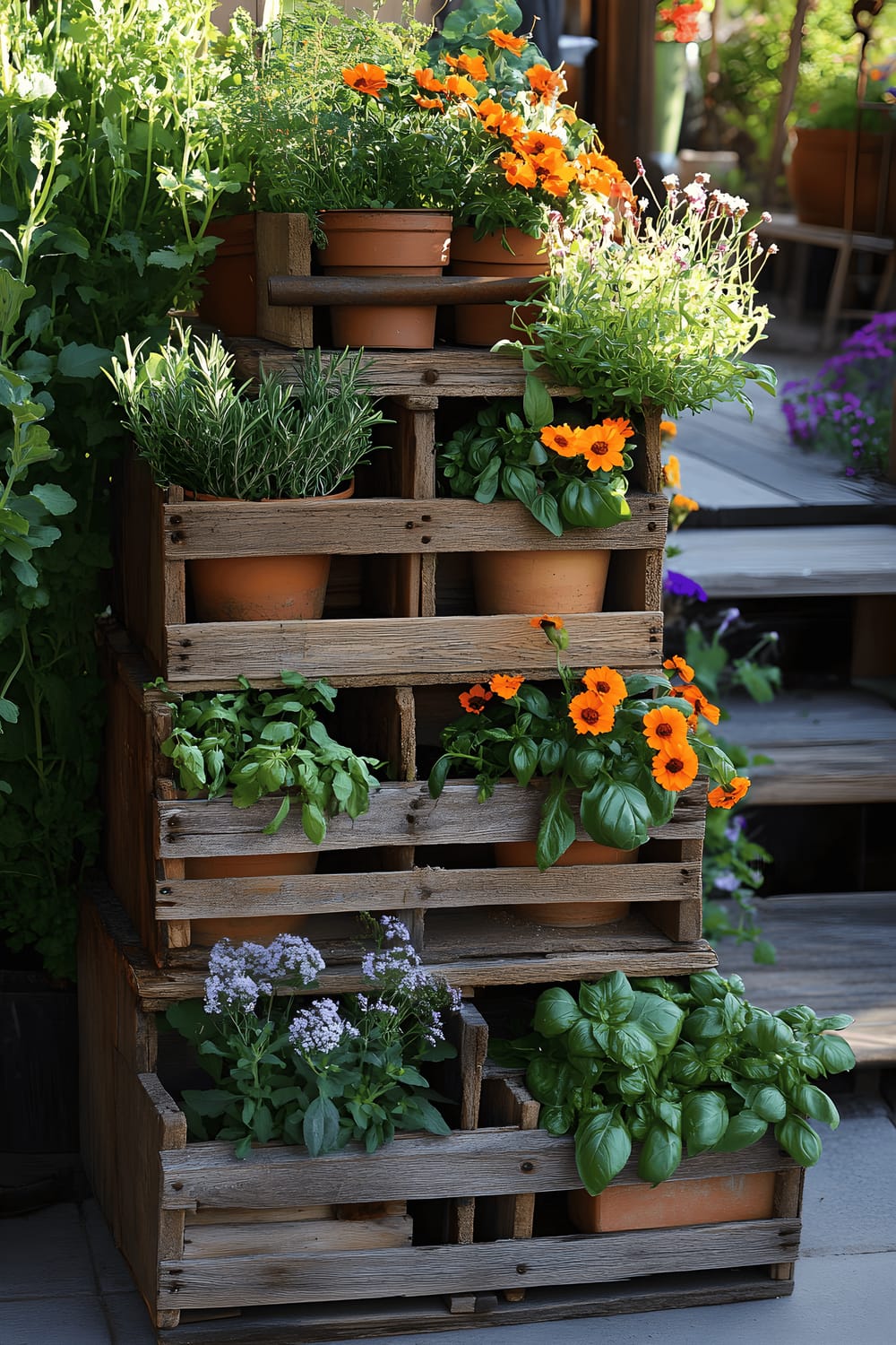 A tiered planter made from stacked reclaimed wooden crates holding an array of healthy plants, including basil, marigolds, and trailing rosemary. The planter is set within a lush cottage garden, adding a rustic appeal to the scene.