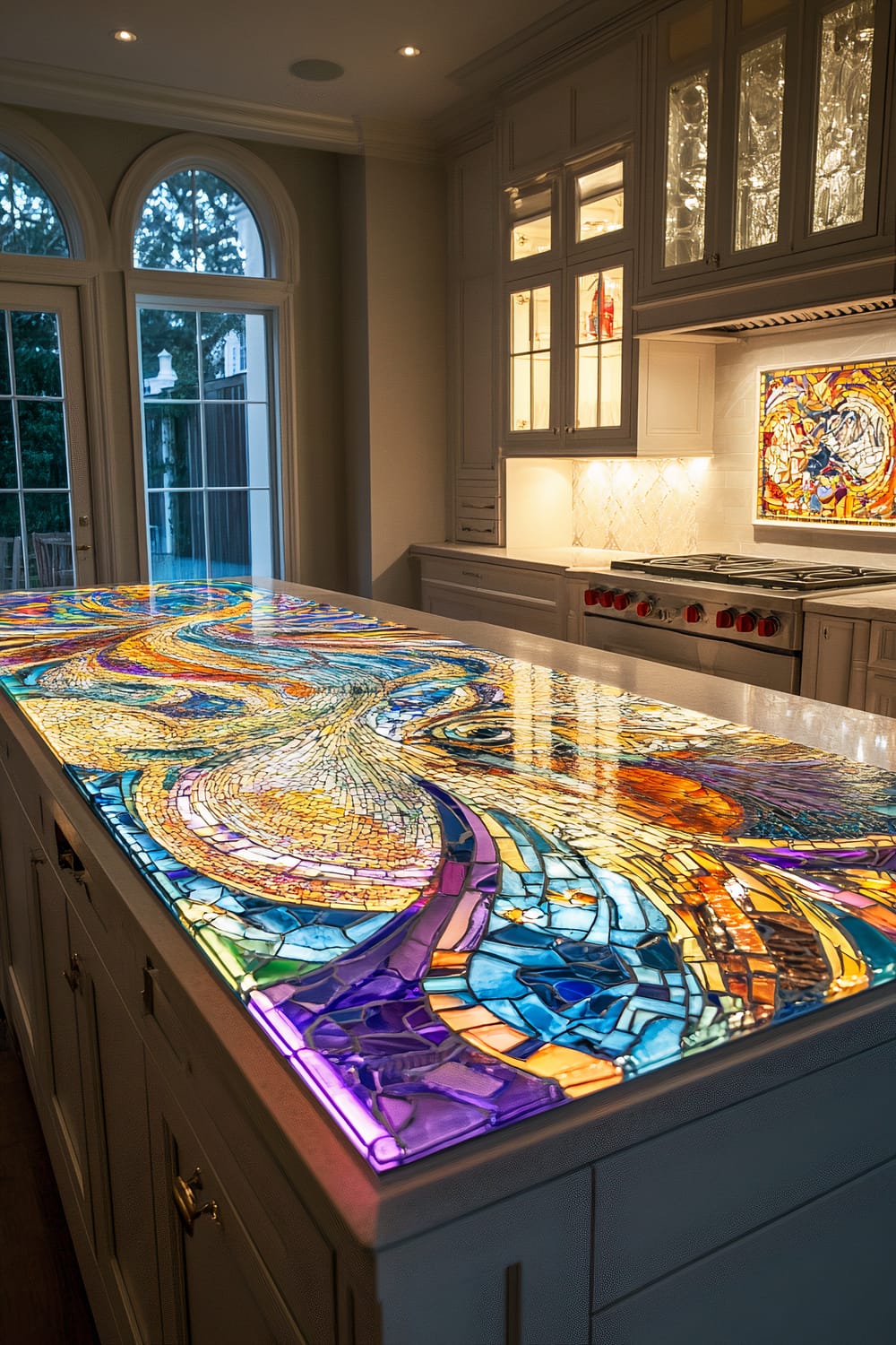 A contemporary kitchen features a large, vibrant artistic tile mural on the countertop. The mural displays an abstract design with swirling patterns in various colors, including blue, purple, yellow, and orange. The kitchen is clean and uncluttered, with white cabinetry and stainless steel appliances. Soft directed lighting highlights the mural, enhancing its vivid colors and intricate details. Large arched windows in the background allow natural light to stream into the space.