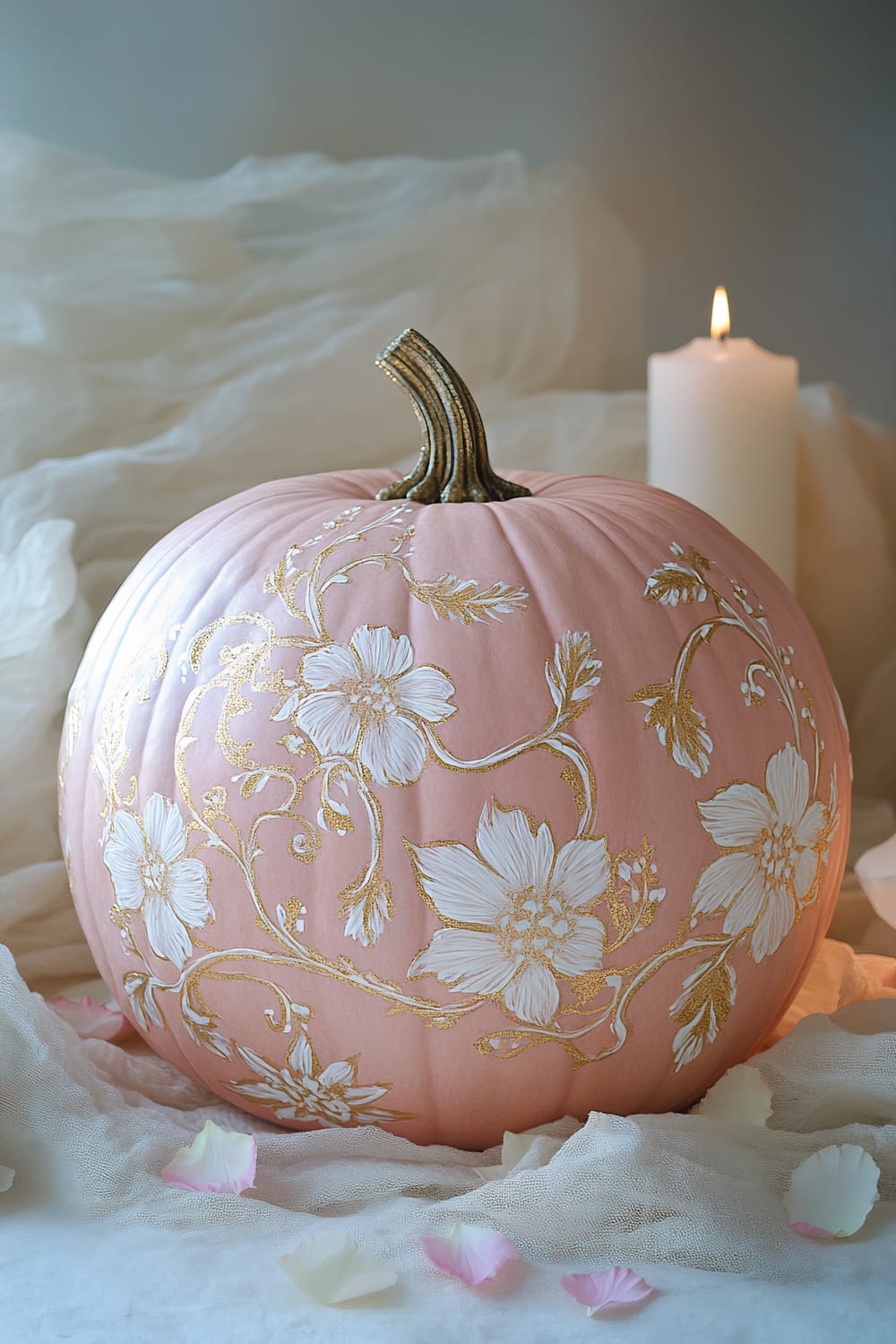 A pink pumpkin intricately adorned with gold and white floral patterns displayed prominently in the center. The pumpkin rests on a soft, slightly crumpled white fabric, adding a delicate backdrop. Rose petals are scattered around the base, enhancing the romantic atmosphere. In the background, a lit white candle stands to the right, casting a gentle glow over the scene.