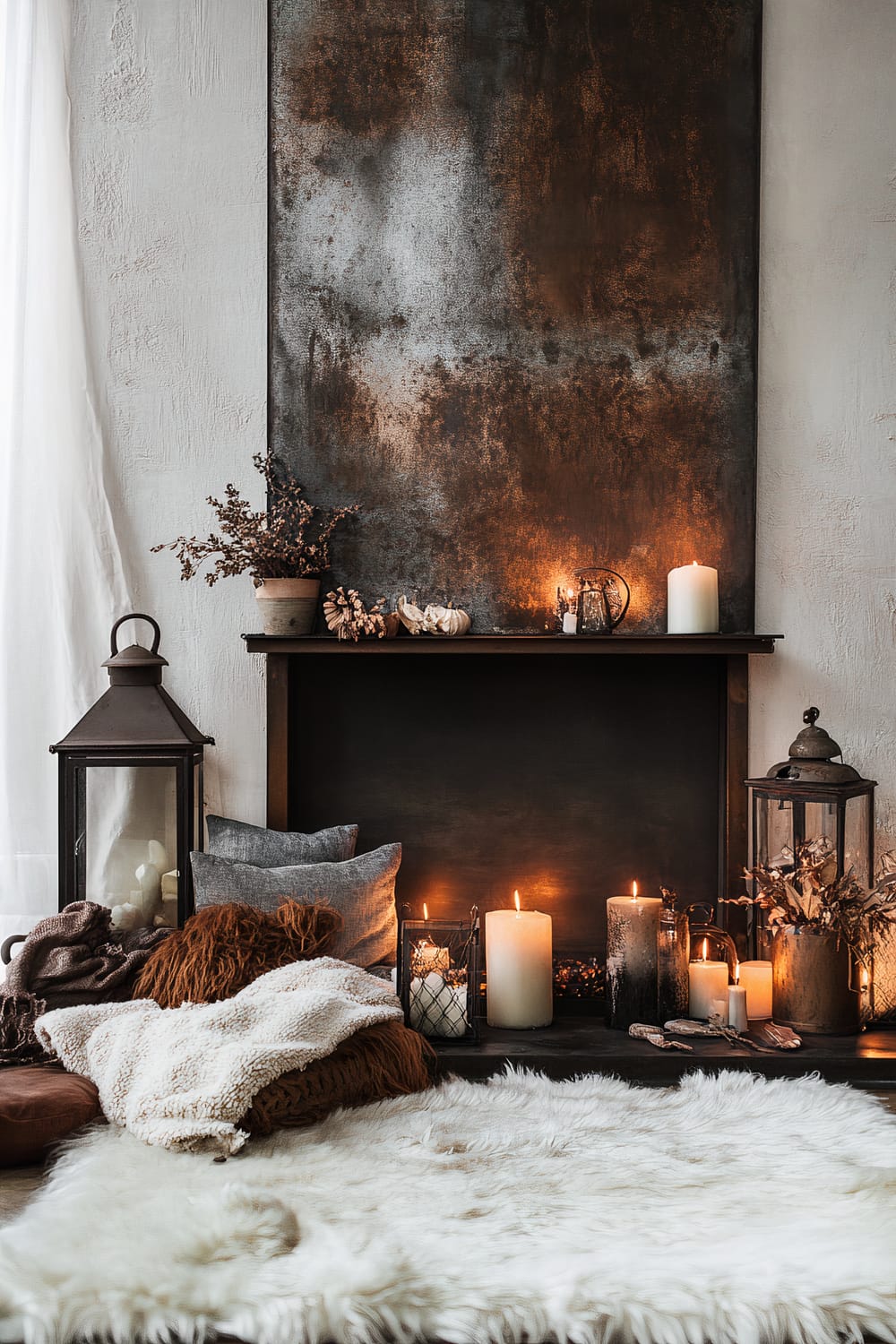 An inviting, rustic interior scene showcasing a faux fireplace adorned with various candles, lanterns, and dried floral decor. A collection of plush, textured pillows and throws are artfully arranged on the floor, complemented by a soft, white faux fur rug. The focal point is a large, weathered, abstract artwork in tones of rust and gray hanging above the fireplace, giving a warm, earthy backdrop to the meticulously curated space.