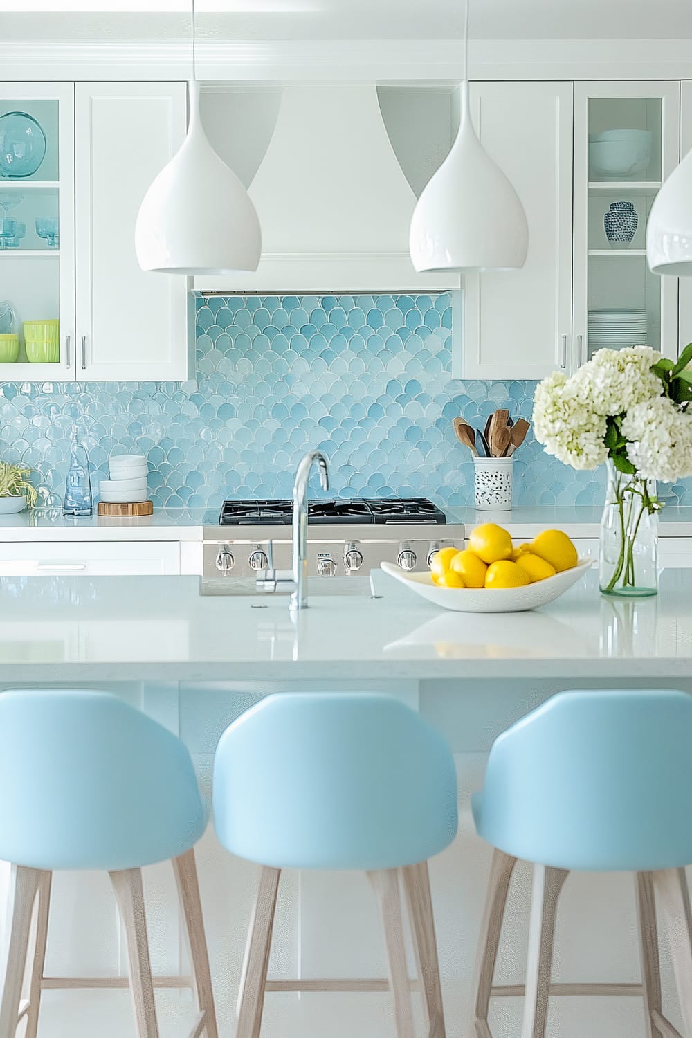 A bright, modern kitchen featuring a white countertop and island with three light blue bar stools. The backsplash is decorated with blue scallop-patterned tiles, adding a refreshing aquatic feel. Two white pendant lamps hang above the island, and there is a bowl of lemons and a vase of white flowers adorning the countertop. The cabinetry is white with glass doors, showcasing assorted dishware in green and blue hues.