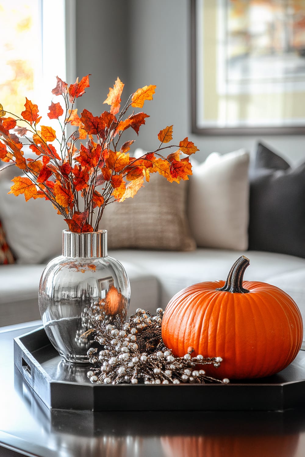 An autumn-themed decor in a contemporary living room featuring a glass vase with vibrant orange and red fall leaves and an orange pumpkin on a black tray. The arrangement is positioned on a wooden table, surrounded by a neutral-toned couch with beige and black pillows.