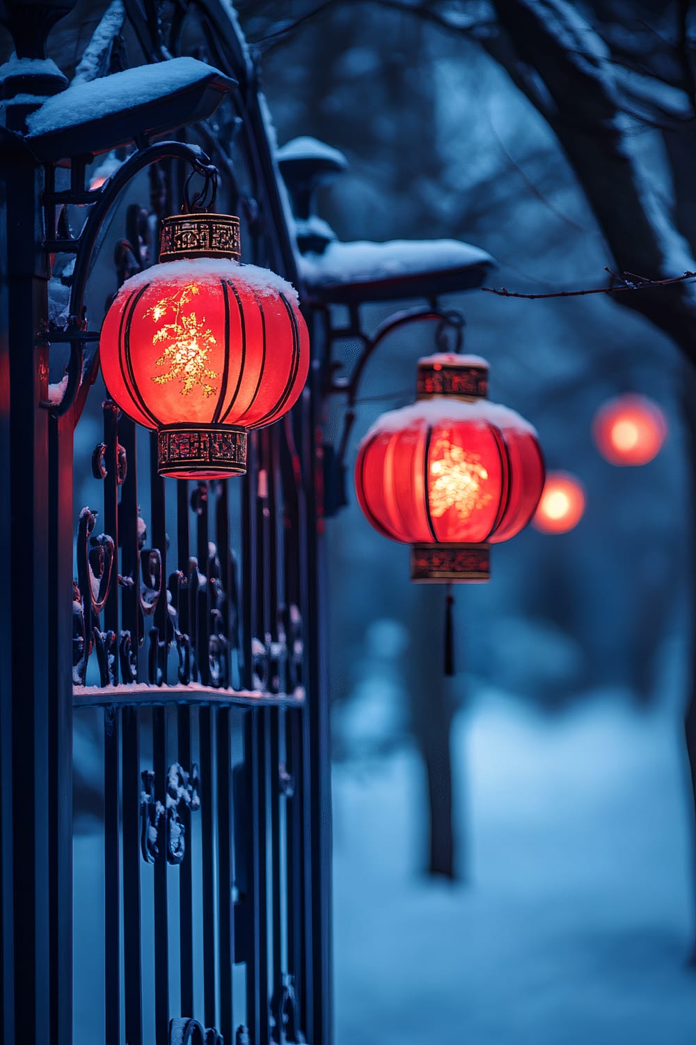 Ruby red lanterns hang from a navy blue metal gate, glowing warmly under a clear winter night. The tops of the lanterns and the gate are lightly dusted with snow, creating a festive and serene atmosphere. The background features snow-covered trees blurred into a soft bokeh effect, with other lanterns faintly glowing in the distance.