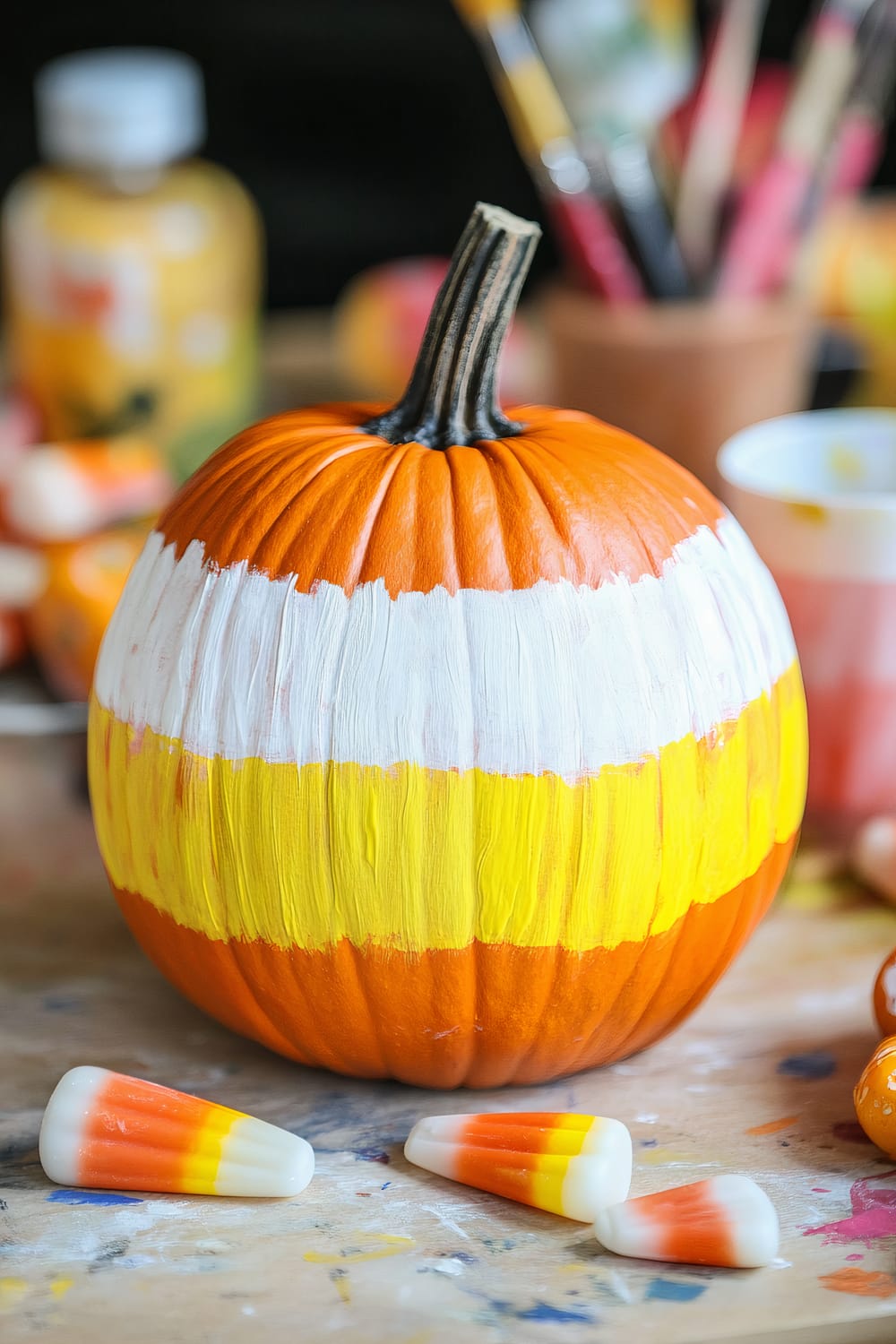 A pumpkin painted with horizontal stripes resembling candy corn colors: white at the top, yellow in the middle, and orange at the bottom. The pumpkin is sitting on a table cluttered with paint supplies and candy corn pieces.