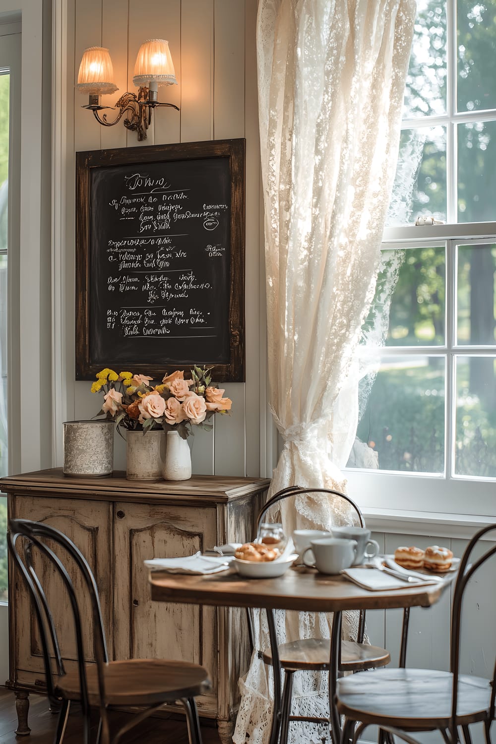 A charming dining room with Parisian café inspiration. There's a rustic wooden dining table surrounded by wrought iron chairs. Above the table, a small chalkboard menu displays a selection of pastries and coffee options in elegant handwriting. A distressed wooden sideboard and antique sconces with floral designs adorn the room. Large windows with lace curtains illuminate the room, decorated in soft pastel colors for a romantic and nostalgic feel.