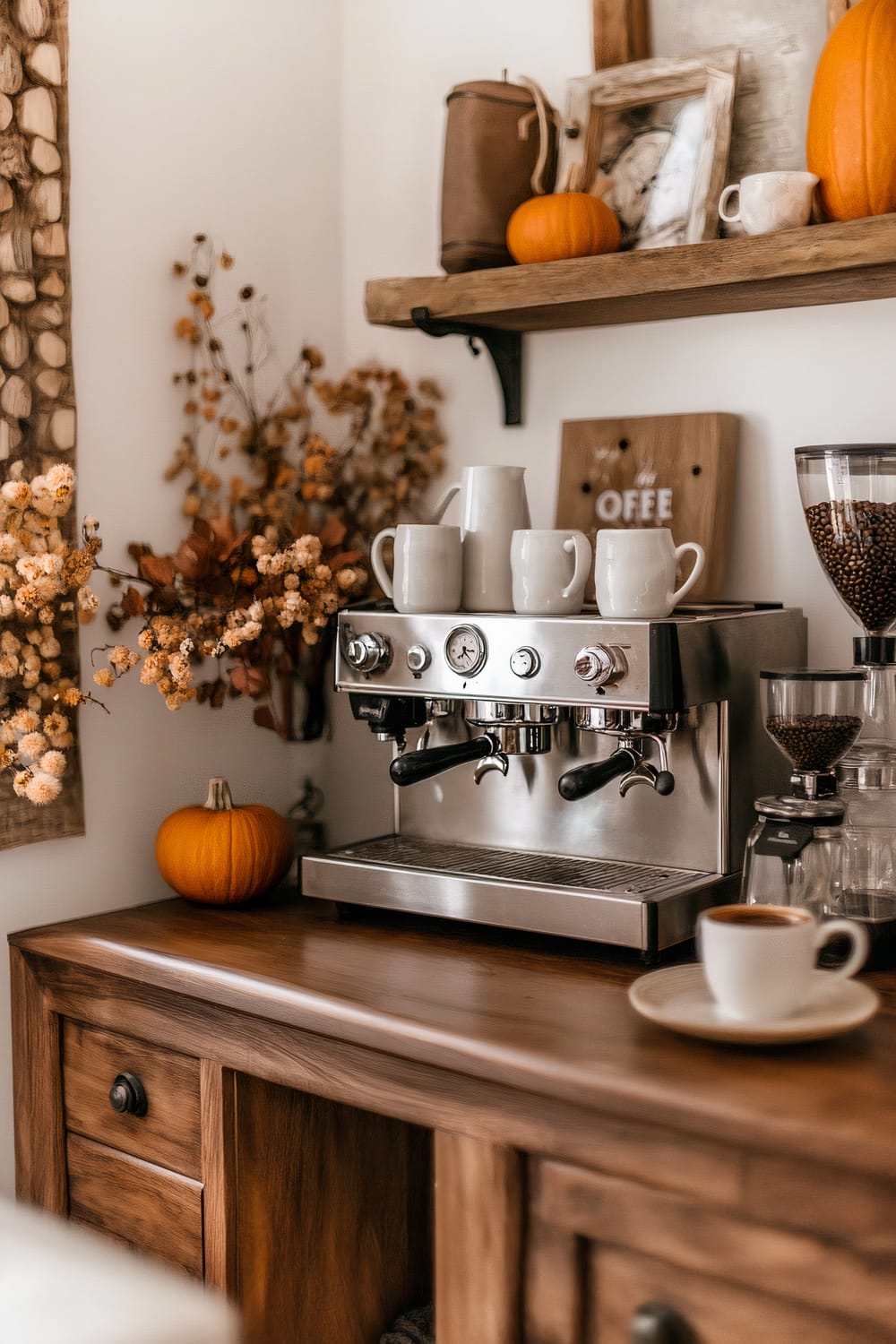 A home coffee nook with a rustic aesthetic. The space features a metallic espresso machine topped with white mugs and a milk pitcher. A natural wood countertop supports the machine, while additional items such as a pumpkin, coffee beans in jars, and dried flowers in muted tones enhance the seasonal, autumnal feel. Above, a wooden shelf holds more decor items, including another pumpkin and framed photographs.