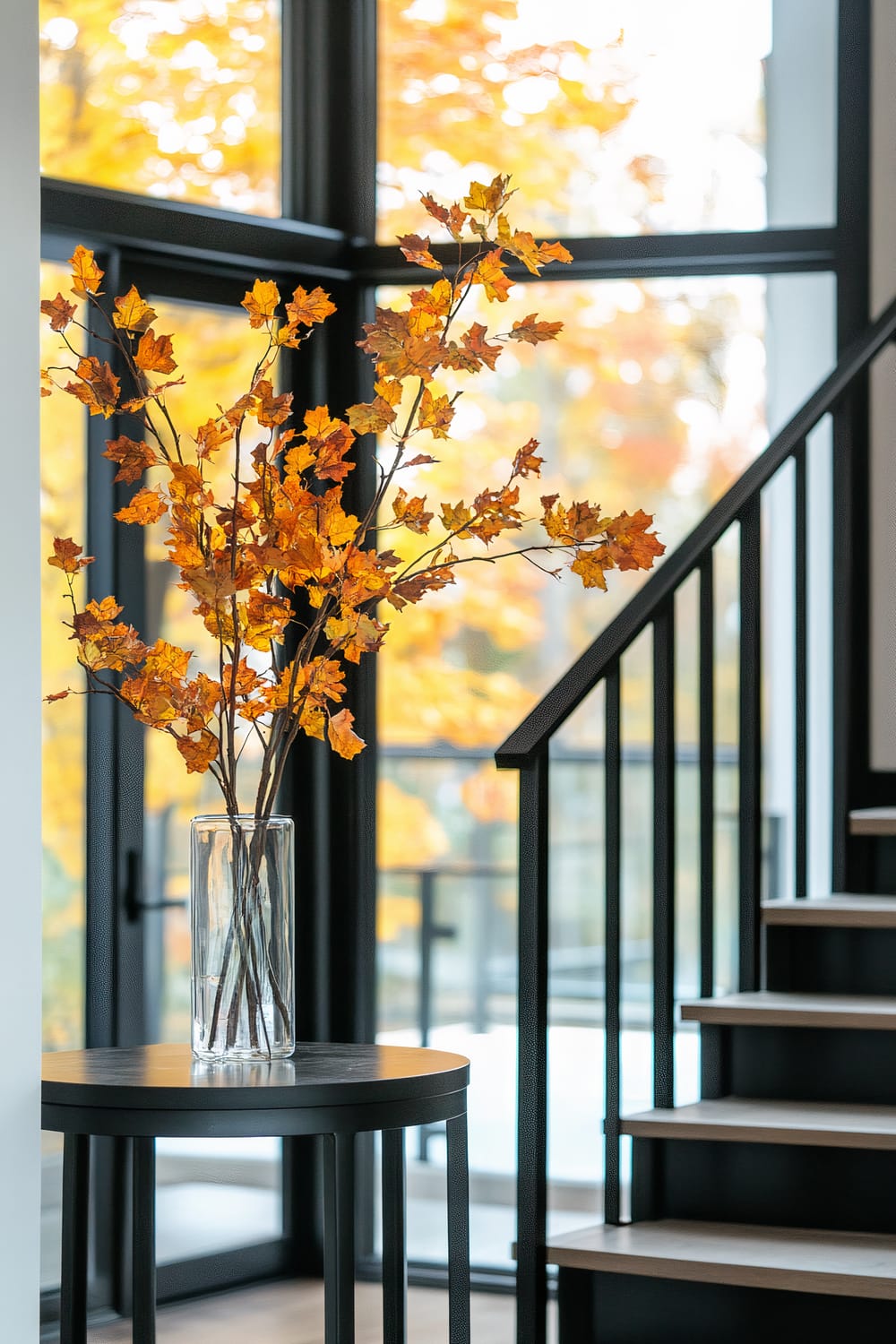 A glass vase filled with branches of autumn leaves is placed on a small black round table next to a staircase with black railings. The large windows behind the setup reveal a vibrant autumn landscape with trees showcasing bright yellow and orange foliage.