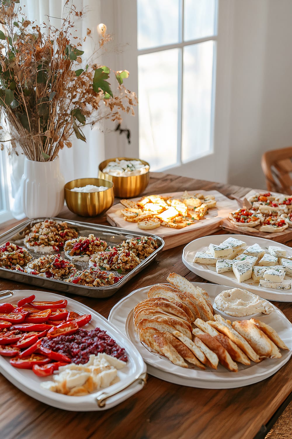 A wooden table set for a vintage-inspired Friendsgiving. The table displays five retro-style silver serving trays with assorted seasonal appetizers, including stuffed peppers, cranberry relish, and roasted garlic bread. There are three brass bowls with different dips, two white cheese boards with assorted cheeses and crackers, and a vase with dried flowers. Soft natural light illuminates the setup.