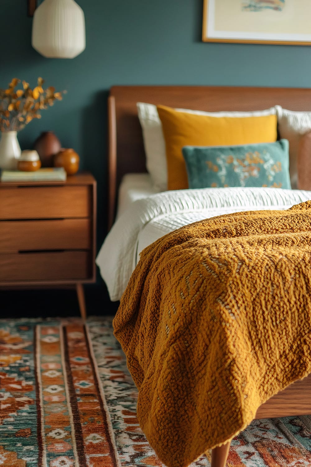 A cozy bedroom featuring a dark teal wall behind a wooden bed frame with white bedding. A mustard-yellow knitted throw is draped over the bed, complemented by colorful accent pillows in mustard and teal with embroidered designs. A wooden nightstand with a white and brown tonal array of vases and a small stack of books sits beside the bed, beneath a white, modern, circular pendant lamp. The floor features a richly patterned rug in shades of orange, blue, and white.