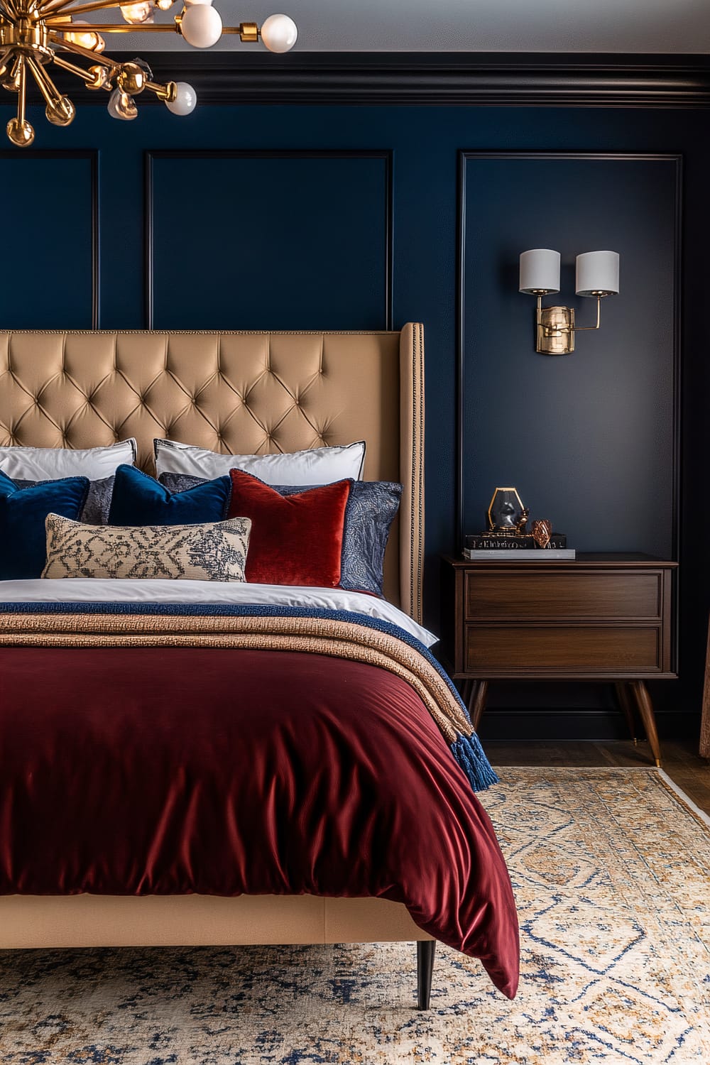 A stylish bedroom featuring a beige tufted headboard against a deep navy paneled wall. The bed is adorned with a variety of pillows in shades of white, blue, red, and beige, and is covered with layers of blankets, including a burgundy duvet and textured throws. A mid-century modern nightstand is placed next to the bed with a geometric lamp on top, and a gold wall sconce with white shades is mounted above it. The room also includes a gold spherical chandelier hanging from the ceiling and a patterned area rug on the floor.