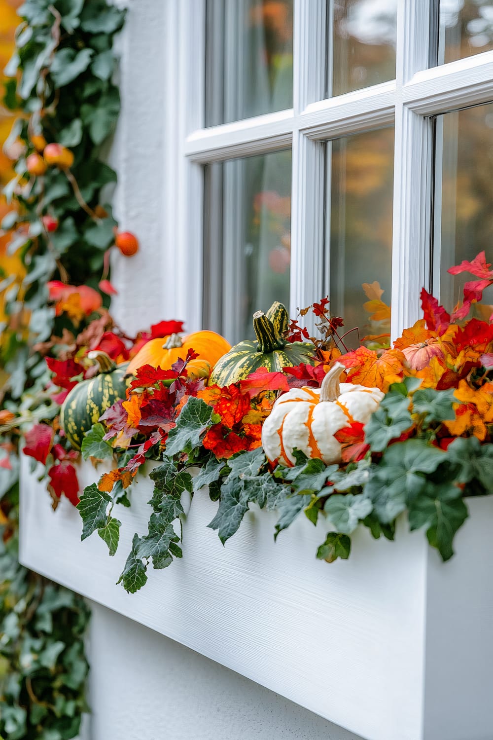 A white window box is adorned with an assortment of small pumpkins and gourds in various shades of orange, white, and green. Interspersed among the pumpkins are vibrant red and orange autumn leaves, as well as green ivy that cascades over the edges of the box. The window behind the box is framed in white and reflects the soft, warm light of early autumn, with additional ivy climbing up the wall on the side.