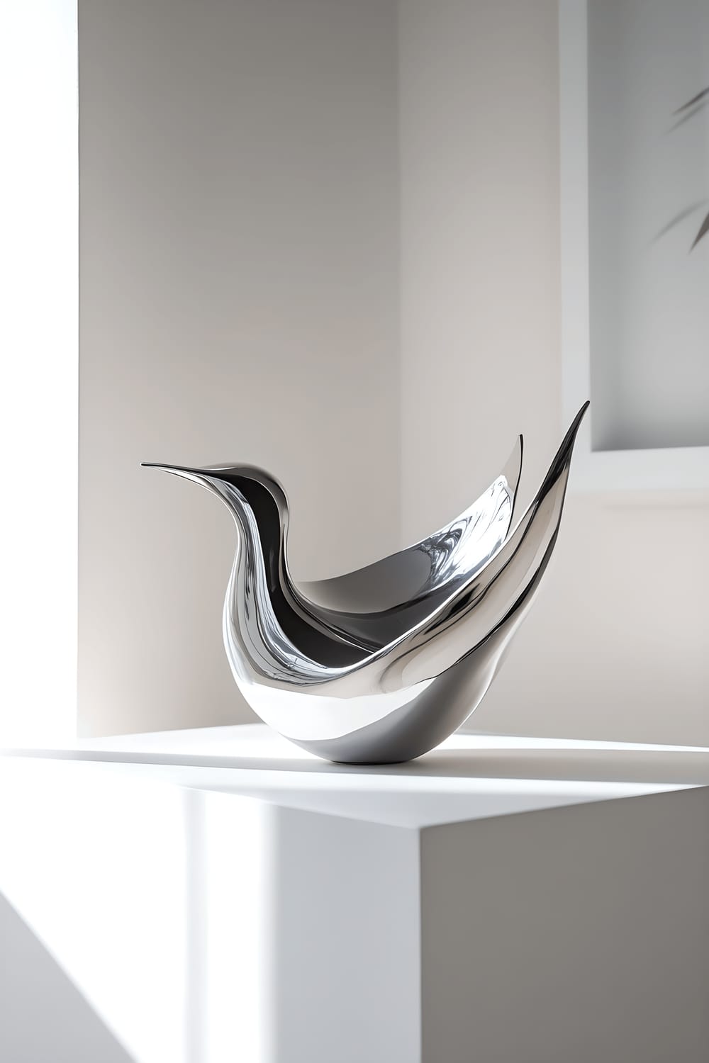 A sleek, minimalist sculpture resembling an abstract bird in flight, made of polished stainless steel and placed on a simple white shelf. The sculpture's reflective surface catches light from various angles, creating dynamic highlights and shadows.