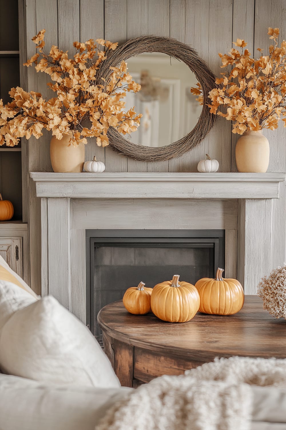 Elegant living room interior featuring a softly distressed mantel with a mirror framed by a twig wreath. The mantle is adorned with two beige vases containing autumn-colored foliage and two small white pumpkins. A rustic wooden coffee table in the foreground holds three orange pumpkins.