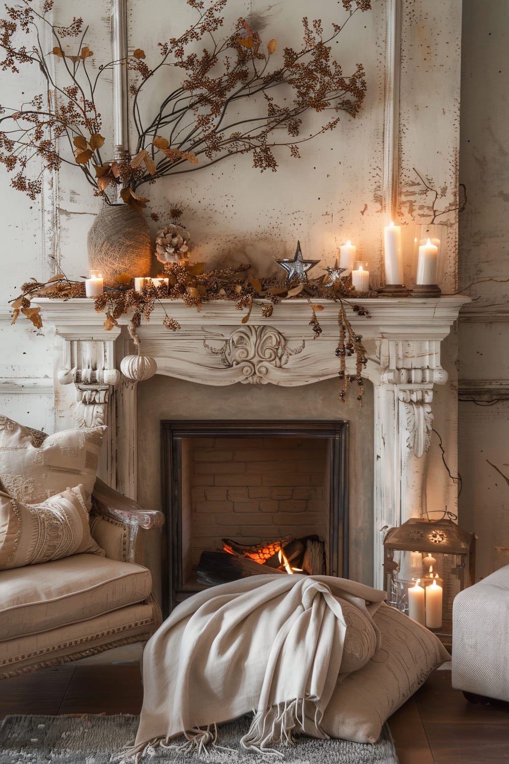 Image of a rustic, elegantly decorated fireplace mantel adorned with autumnal arrangements, candles, and ornaments. A cozy setting with a lit fireplace, a wooden armchair with beige pillows, and a soft beige blanket draped over cushions on the floor.