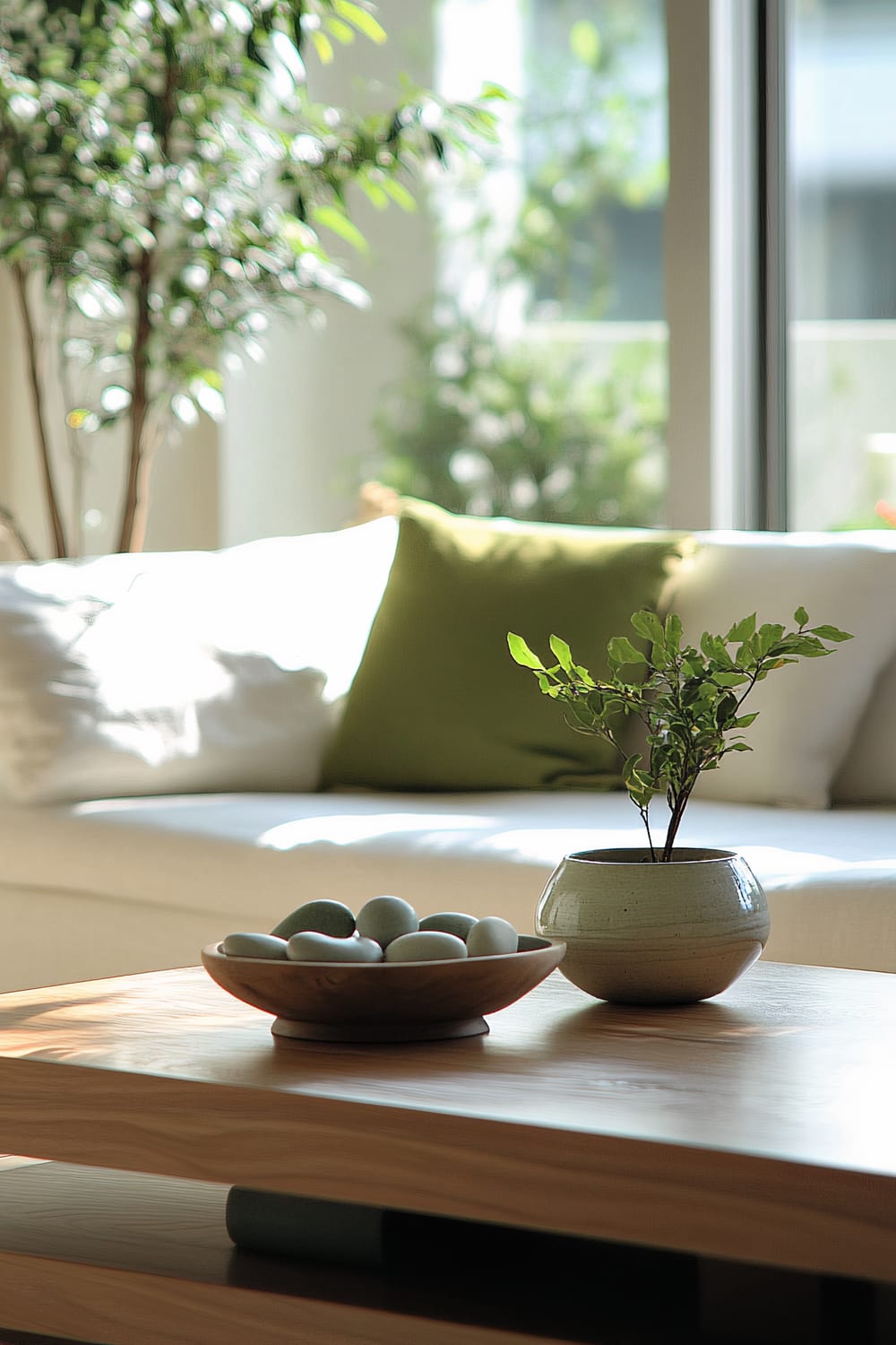 A zen-inspired living area with a minimalist design, featuring a low wooden coffee table with a simple centerpiece of smooth stones in a wooden bowl and a small green plant in a ceramic pot. In the background is a comfortable white linen sofa with subtle green throw pillows, large windows letting in natural light, and plants adding a touch of greenery.