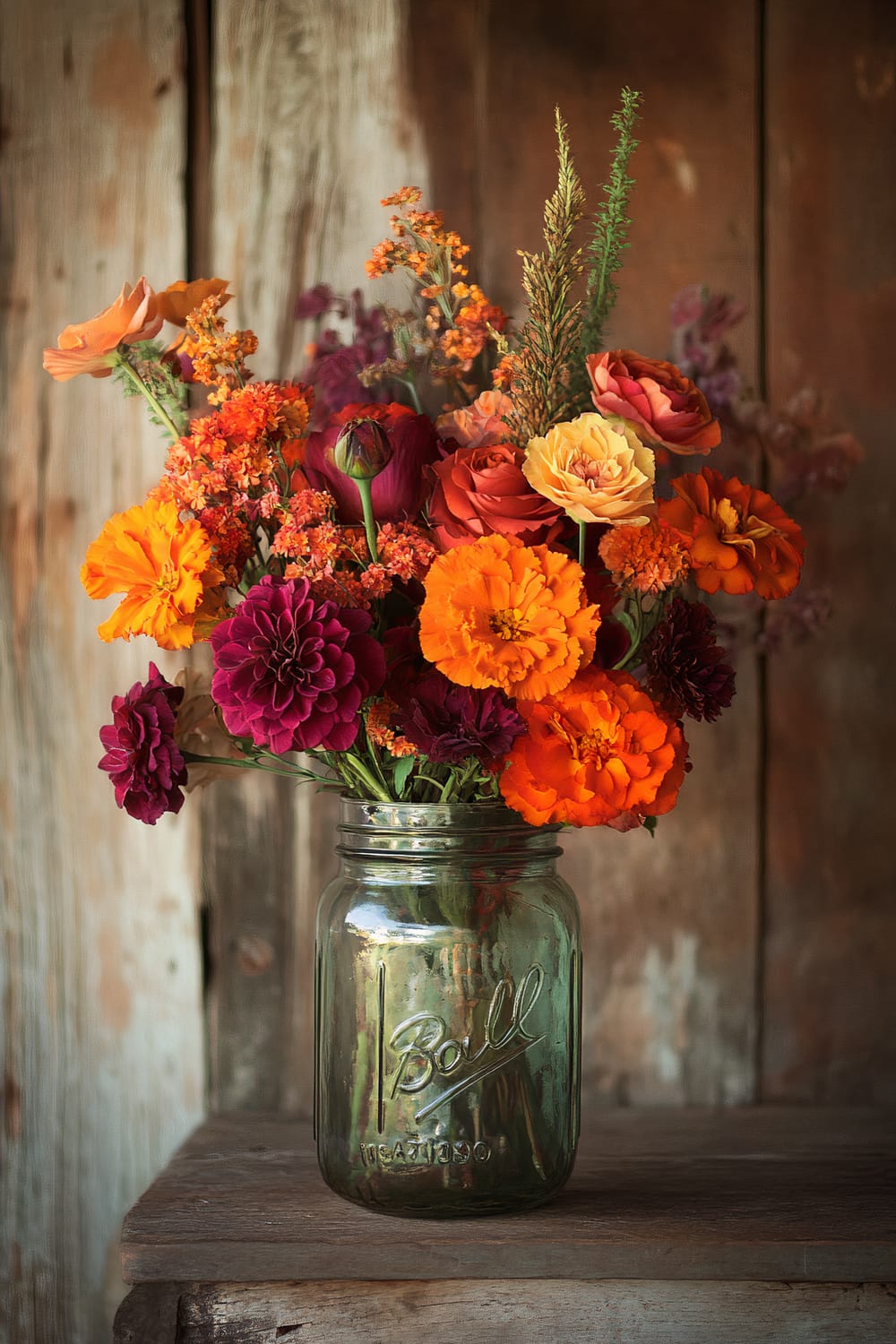 A vibrant bouquet of various flowers including marigolds, roses, and others in shades of orange, yellow, red, and deep purple, arranged in a vintage green-tinted glass Ball Mason jar. The bouquet sits on a rustic wooden surface with an aged wooden background, adding to the charming, rural aesthetic.