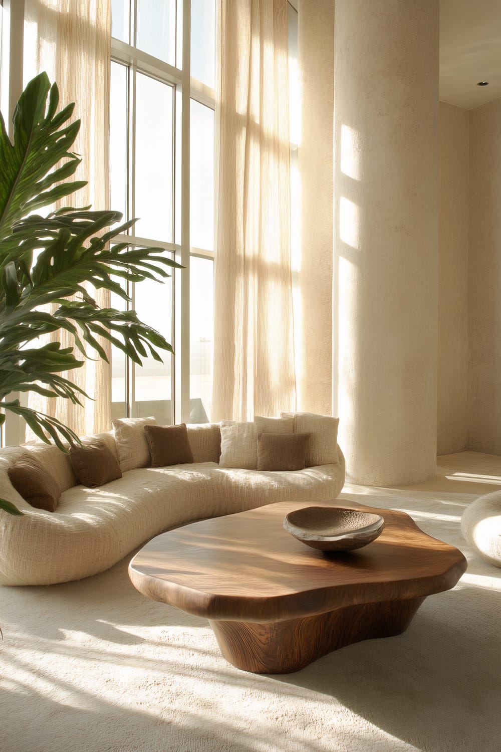 A serene desert-inspired living room features a curved beige sofa, two puff lounge chairs in earthy tones, a sleek wooden coffee table, and a large indoor plant. Soft natural light filters through large windows with minimal treatments, casting a warm glow over the muted browns, creams, and natural textures of the room.