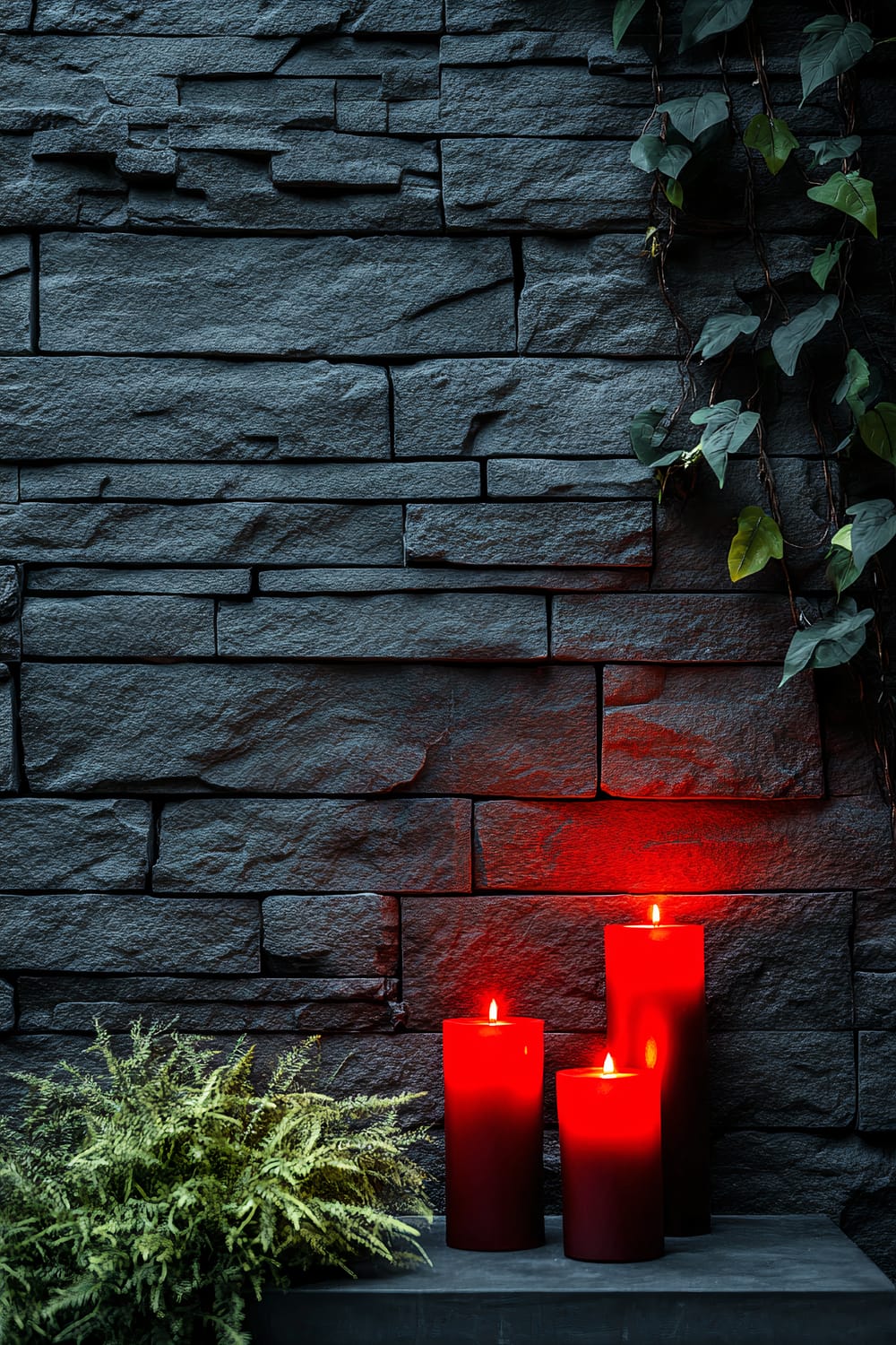 Bright red LED candles glowing against a stormy gray stone wall at night, providing a striking and warm contrast in an elegant home setting. There are three candles of varying heights arranged in a group, with a leafy vine cascading down from the top right corner and a lush fern plant at the bottom left.