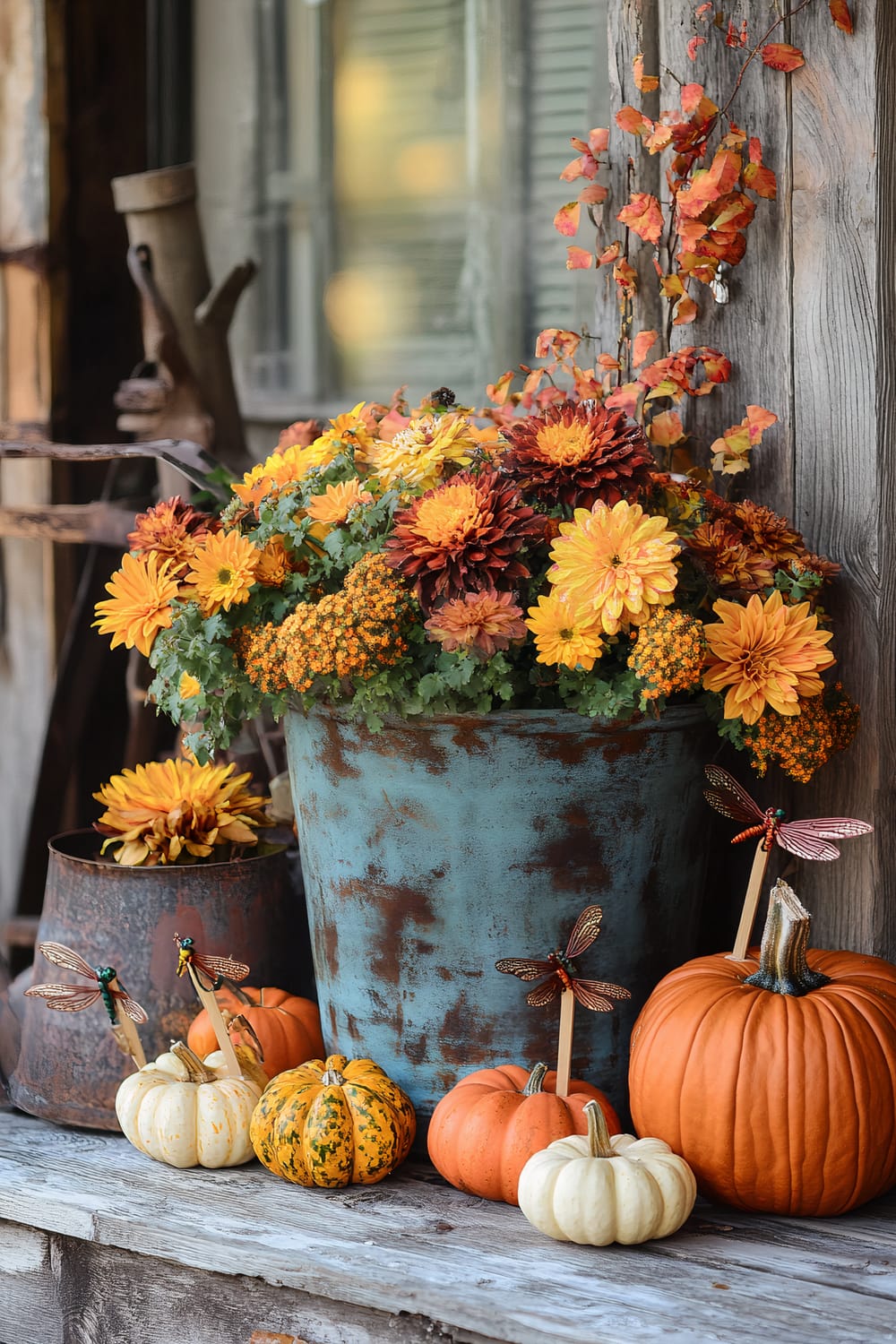 Rustic autumnal display features a large weathered blue bucket filled with a mix of vibrant orange, yellow, and red chrysanthemums. Surrounding the bucket are various pumpkins and gourds in orange, white, and greenish-yellow hues. Decorative dragonfly picks are inserted into some pumpkins, adding a whimsical touch. The backdrop includes a weathered wooden wall adorned with climbing vine leaves in shades of orange and red, enhancing the fall-themed setting.