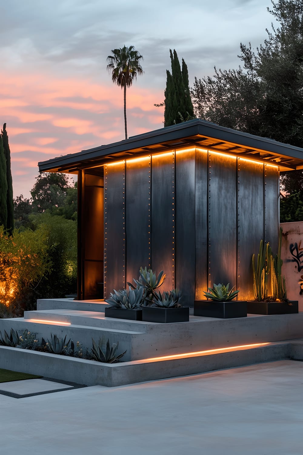 A sleek industrial-style shed with riveted metal siding stands on a concrete platform. It is surrounded by geometrically arranged planters overflowing with assorted succulents. To its side, an urban wall reveals subtle graffiti, enhancing the edgy character of the scene. The overall picture is made dramatic with the play of neon reflections on metal surfaces and sharp contrasts between the dusk Sky and bright industrial elements.