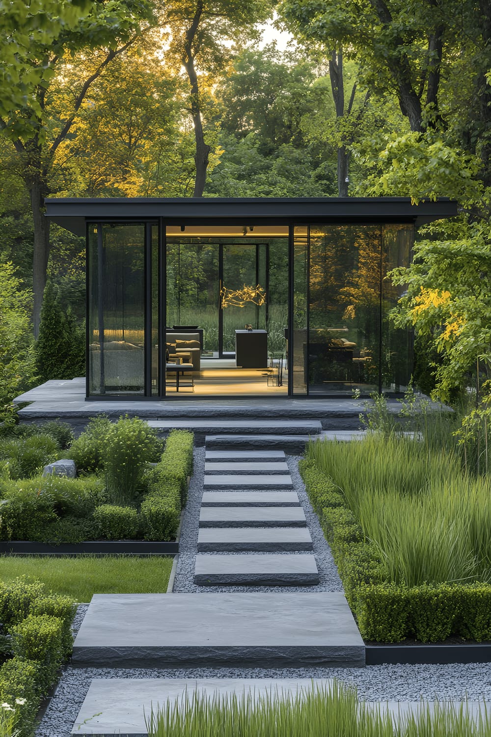 A sleek modern garden pavilion with glass walls and minimalist steel frame is situated amidst an aesthetically choreographed garden featuring sculptural stone pathways, low-maintenance ornamental grasses, and geometric hedges.