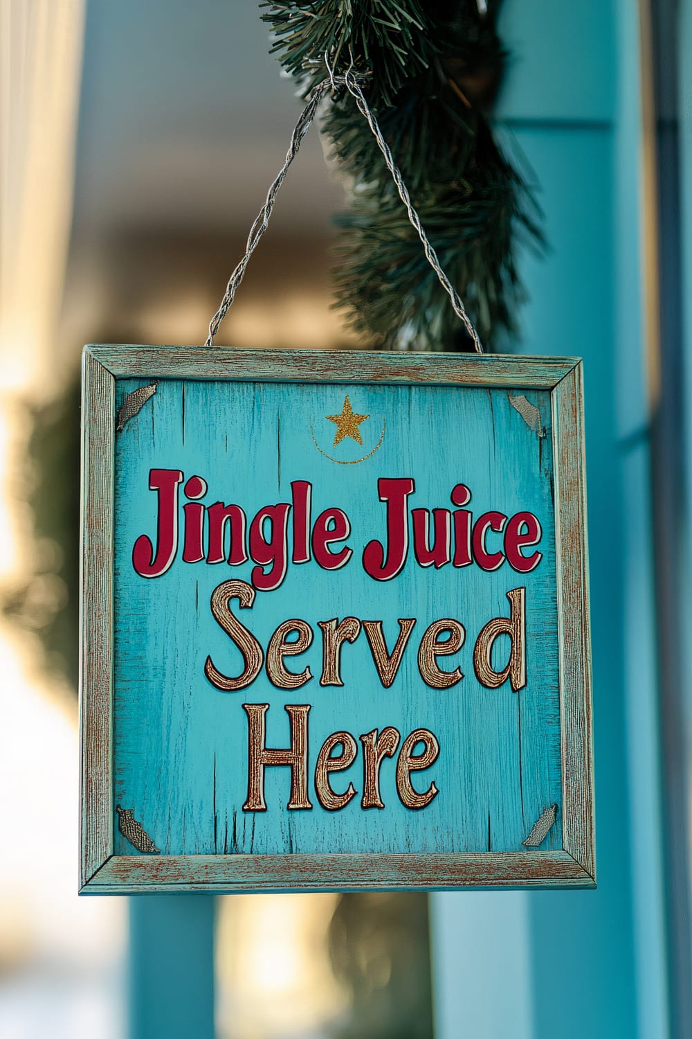 A wooden sign with a humorous Christmas quote "Jingle Juice Served Here," hangs on a simple porch against a vibrant turquoise background. The rectangular sign features a distressed look with a small golden star at the top and red and gold-colored text spotlighted with subtle shadows. The sign is suspended from a greenery garland, adding a festive touch.