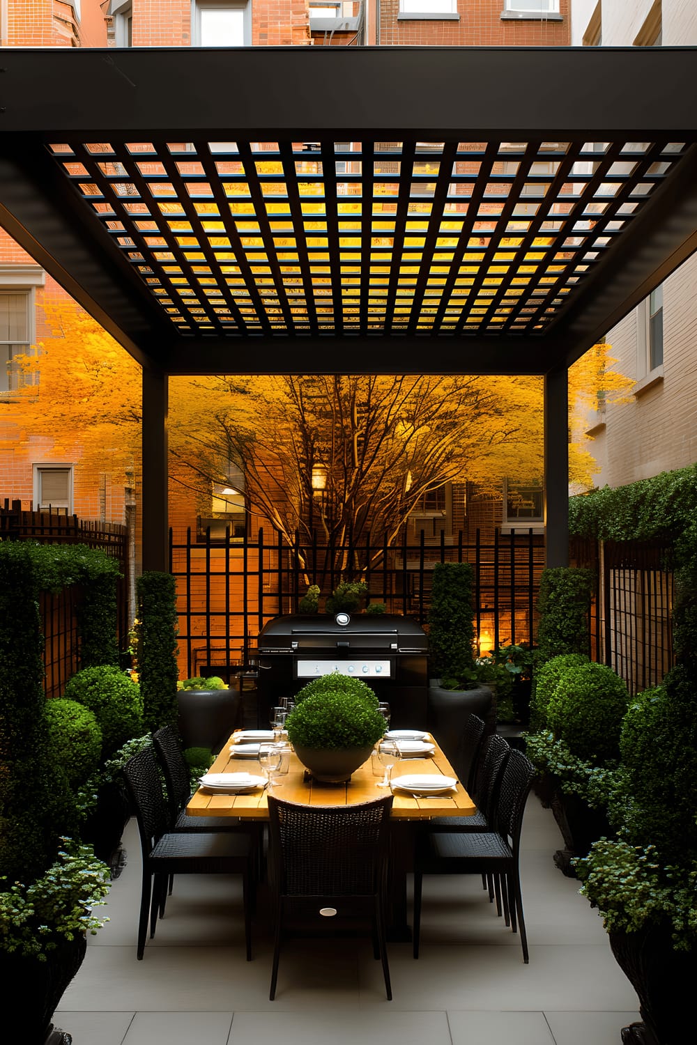 A modern outdoor patio featuring a central wooden dining table surrounded by black chairs underneath a brightly colored spring tree. The area has a clean, gray tile floor and is enclosed by lattice privacy walls. Decoration includes minimalist planters filled with lush green plants, a shiny stainless steel grill, and orange pumpkins adding a seasonal touch.