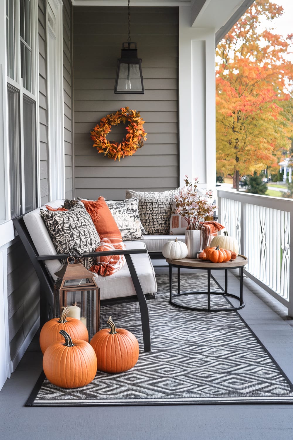 A tastefully decorated fall-themed porch area features a comfortable seating arrangement and seasonal decor. The porch has a light gray siding backdrop with a white railing and a geometric-patterned rug in shades of gray and black. A cushioned bench adorned with black and white cushions and autumnal-toned pillows sits adjacent to a round wooden coffee table. The coffee table holds white and orange mini pumpkins, a vase with floral arrangements, and additional fall decor. On the floor, near the bench, there are three pumpkins and a rustic lantern with a candle inside. Above the bench, an orange foliage wreath hangs, and a black metal lantern-style light fixture is suspended from the ceiling. The background shows trees with autumn leaves in vibrant orange hues.