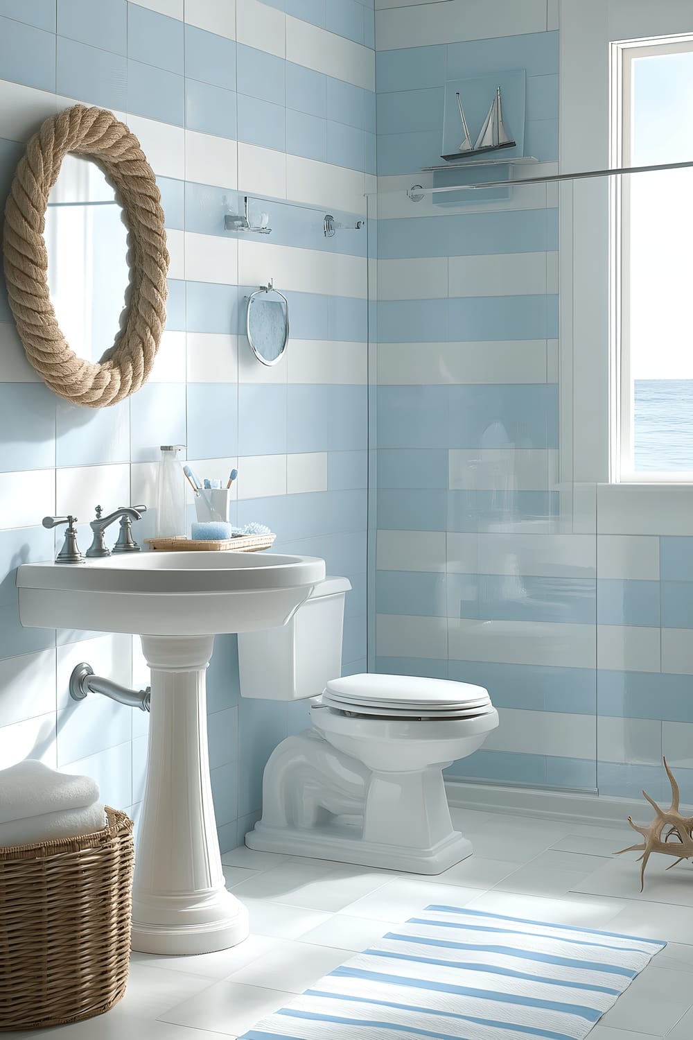 A coastal nautical-themed bathroom done in light blue and white stripes, dominated by a white pedestal sink. Decorated with ropes as handles, a mirror framed with driftwood, marine-themed artwork, and a glass-enclosed sea-glass accented shower. The room is bathed in natural light entering through a window.