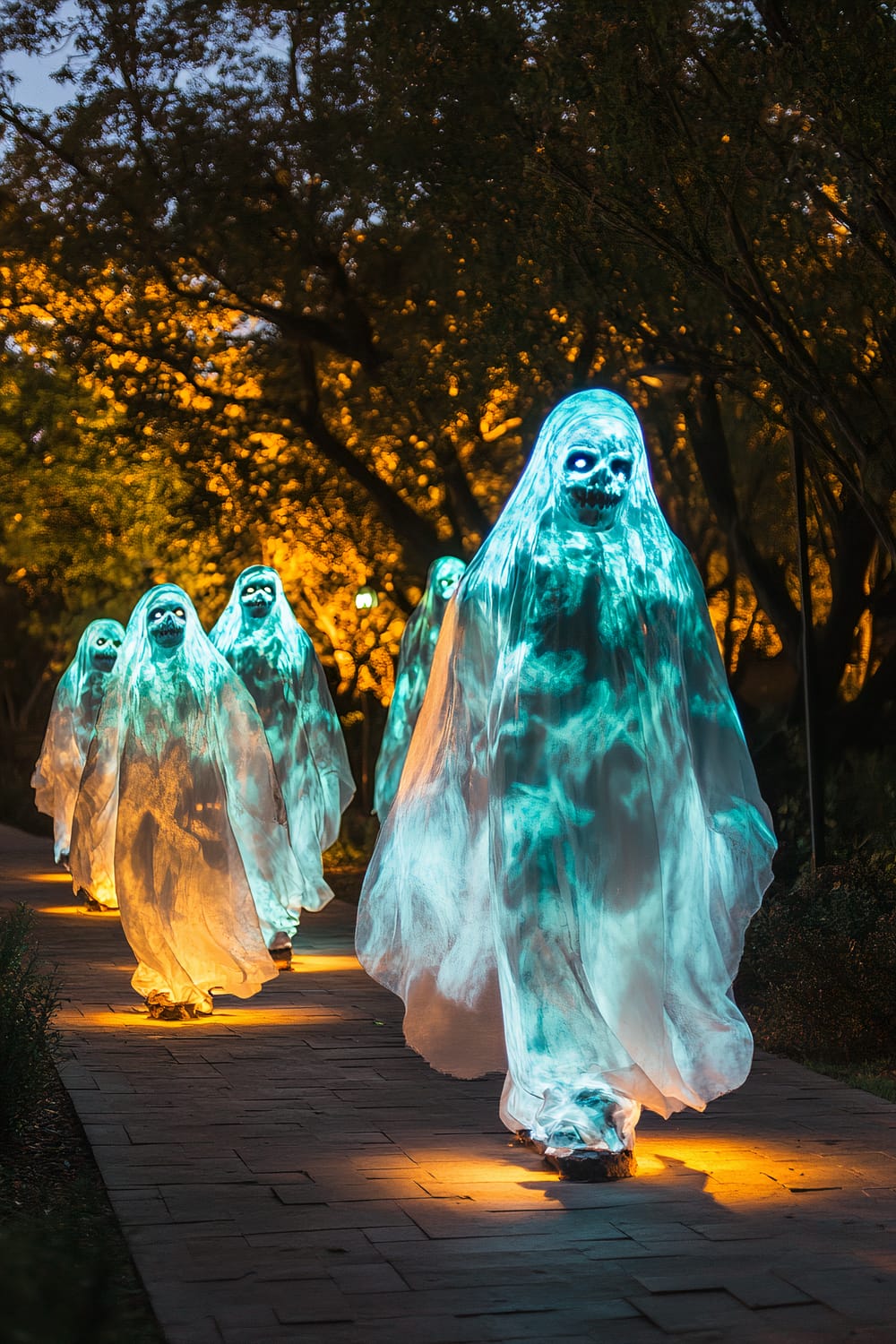 A Halloween outdoor display featuring large projections of ghostly figures that appear to be moving. The apparitions are illuminated in stark white and vibrant teal hues, standing out against the dark surroundings. The setting sun casts a golden light in the background, blending twilight with the spectral projections. The ghosts float along a dimly lit pathway surrounded by trees and minimal decoration.