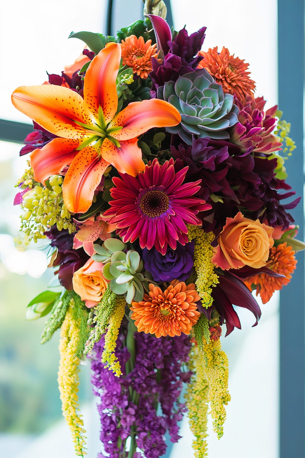 A vibrant floral arrangement featuring an array of flowers and succulents. The centerpiece is an orange lily surrounded by purple roses, red gerbera daisies, orange roses, and chrysanthemums. Various shades of greenery and yellow accents complement the bright colors. Purple and green hanging amaranthus spill out from the bottom, adding texture and dimension.