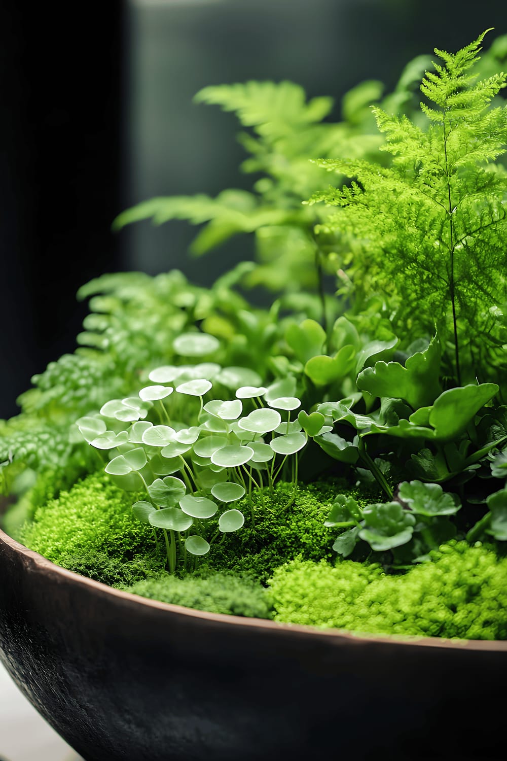 A close-up view of a planter filled with a variety of green plants, including velvety lamb's ear, delicate maidenhair ferns, and soft moss. The plants appear lush and vibrant, creating a tactile sensory invitation to explore textures.