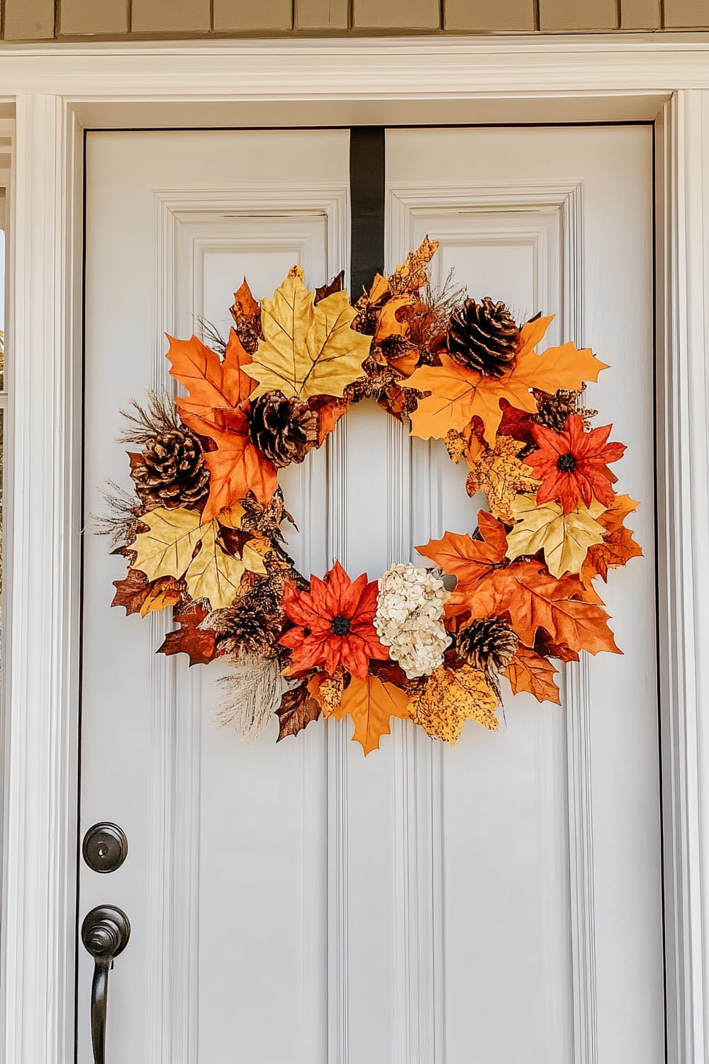 A decorative autumn wreath is hung on a white door. The wreath is adorned with vibrant fall elements, including orange, yellow, and red maple leaves, pine cones, and flowers in complementary fall hues. The door's elegant paneling adds a touch of sophistication to the display.