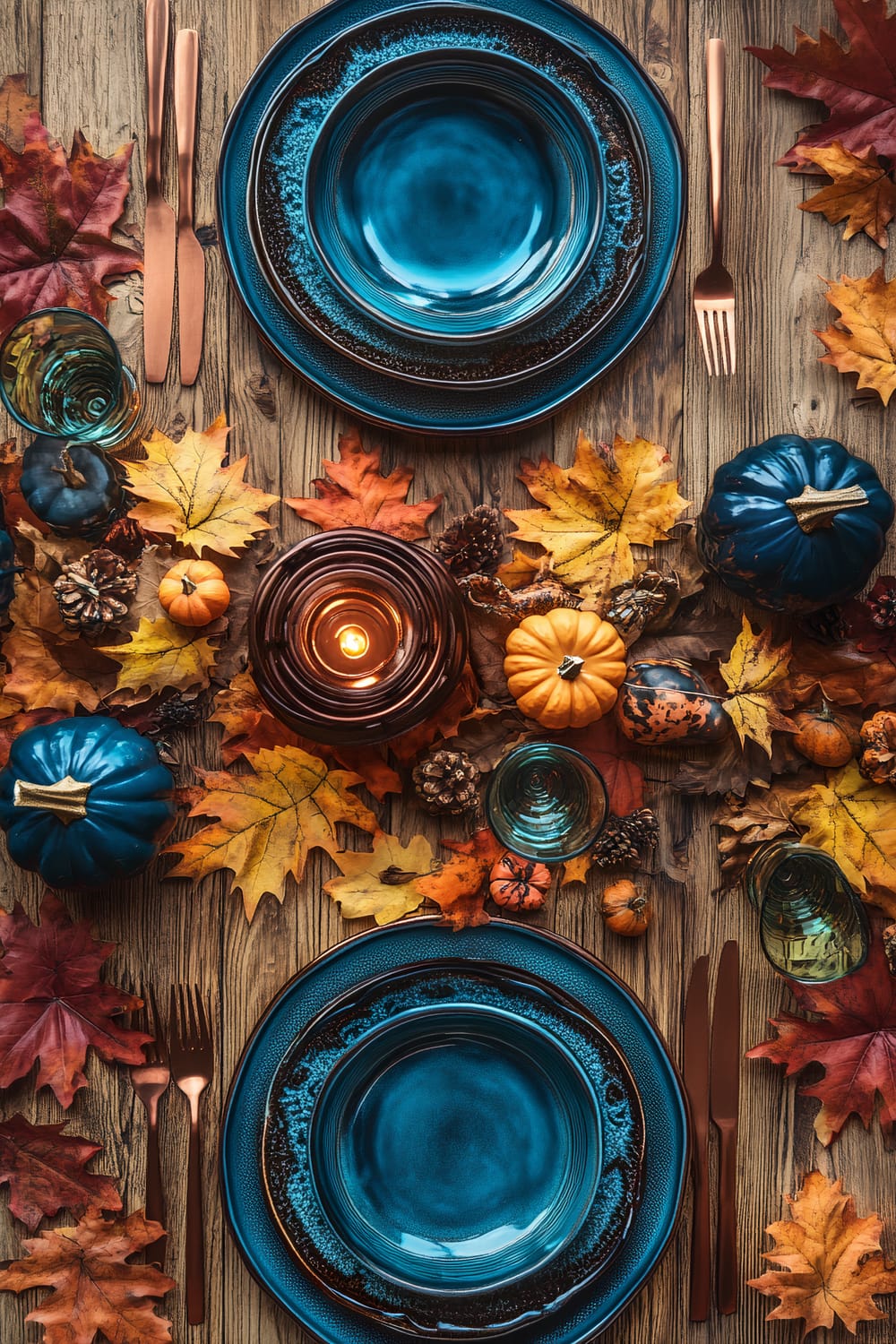 A modern farmhouse dining table set for Thanksgiving. The table is made of rustic wood and is adorned with cobalt blue ceramic plates, teal glassware, and copper flatware. The centerpiece consists of a vintage lantern surrounded by autumn leaves in yellow and red colors, pinecones, and minimalist pumpkin decor accents. The scene is lit by warm ambient lighting, creating a cozy and inviting atmosphere.