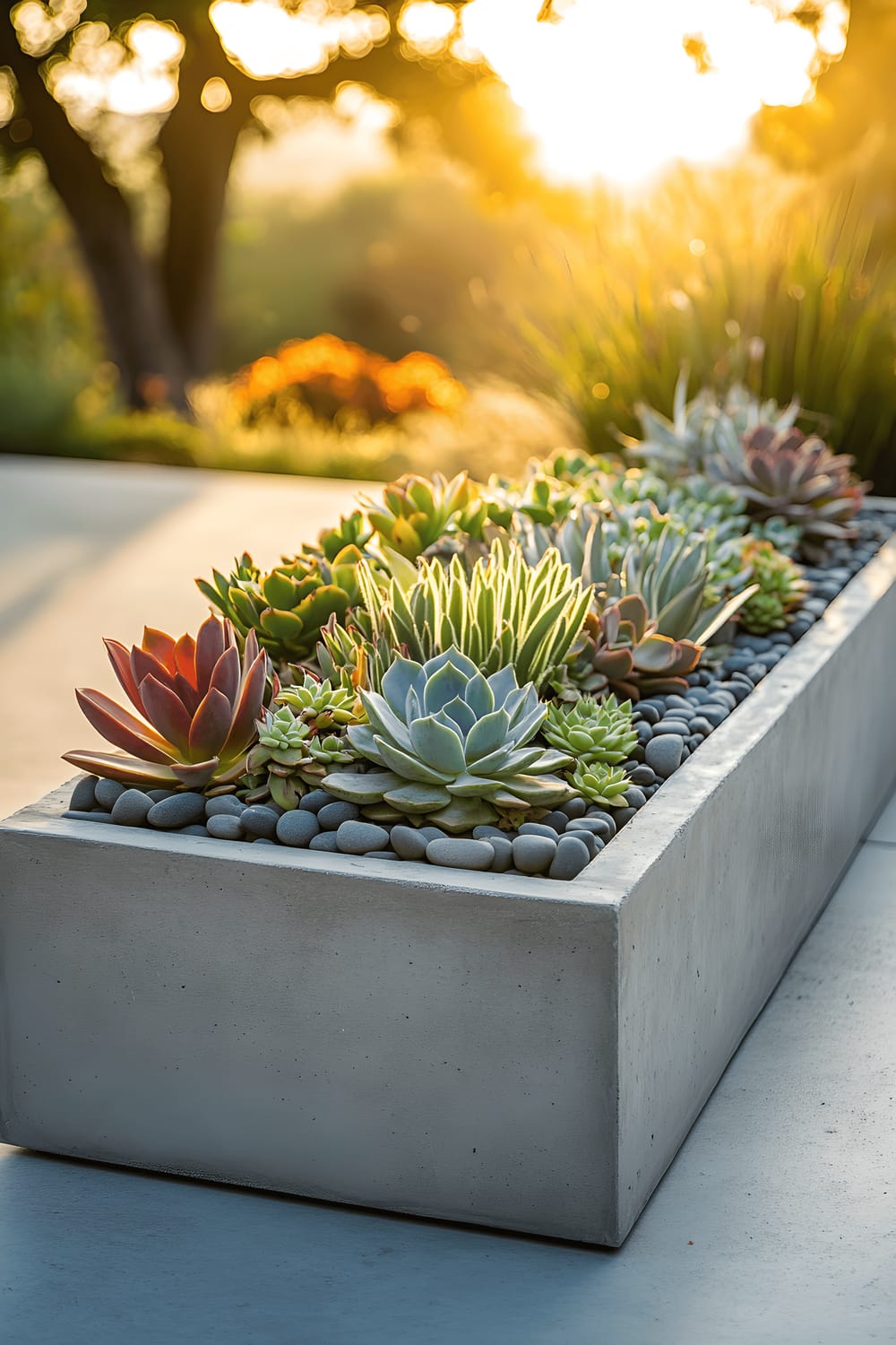 A sleek rectangular concrete planter set on a minimalist patio filled with a variety of succulents. Sculptural alignments of Agave ‘Blue Glow’, Echeveria ‘Black Prince’, Senecio ‘String of Pearls’, and Aeonium ‘Zwartkop’ punctuate the setting. Small river stones have been carefully arranged around the plantings, contrasting with the green and purplish tones of the succulents. The scene is bathed in the soft golden light of a sunset, casting long shadows that stretch out on the patio.