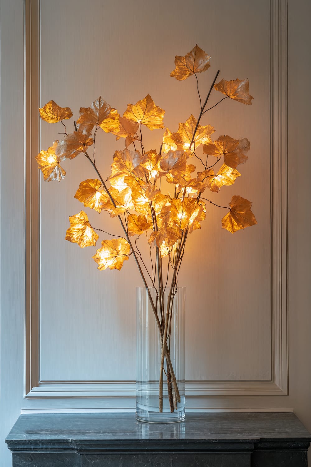 An elegant glass vase with several branches, each adorned with warm, golden-hued leaves that are illuminated, creating a soft, glowing effect. The vase is placed on a dark marble mantel against a wall with white paneling.