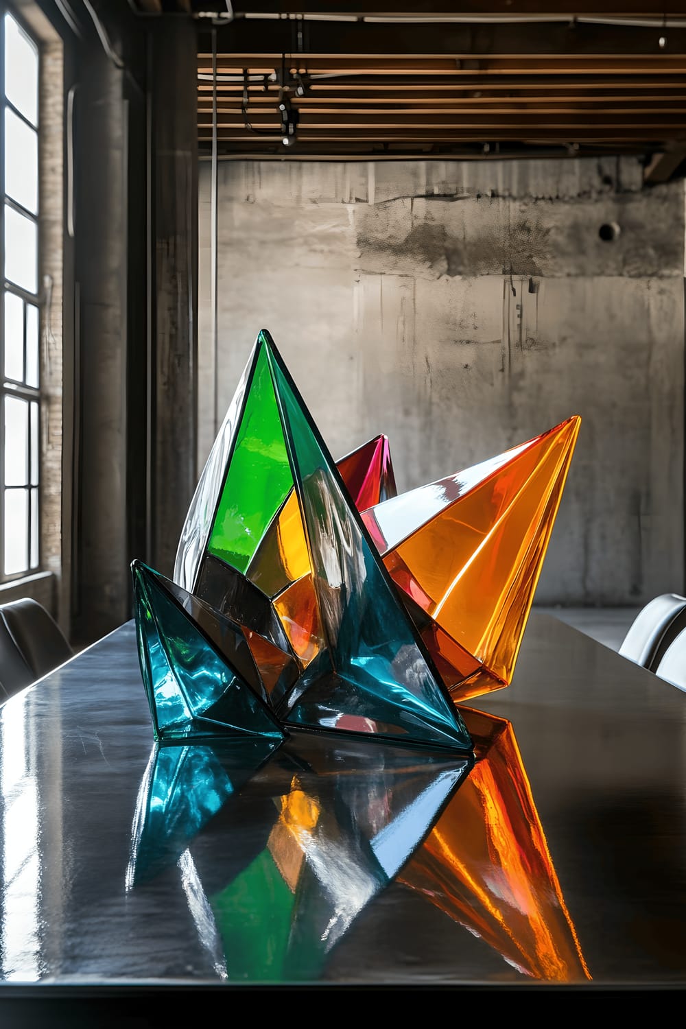 A modern industrial dining room featuring a centerpiece of three asymmetrical geometric glass sculptures in bold cobalt blue, emerald green, and vibrant orange, positioned on a sleek black table. The room is characterized by exposed metal beams, concrete walls, and large factory-style windows which allow for directional light that casts dramatic shadows around the room, highlighting the eye-catching sculptures.