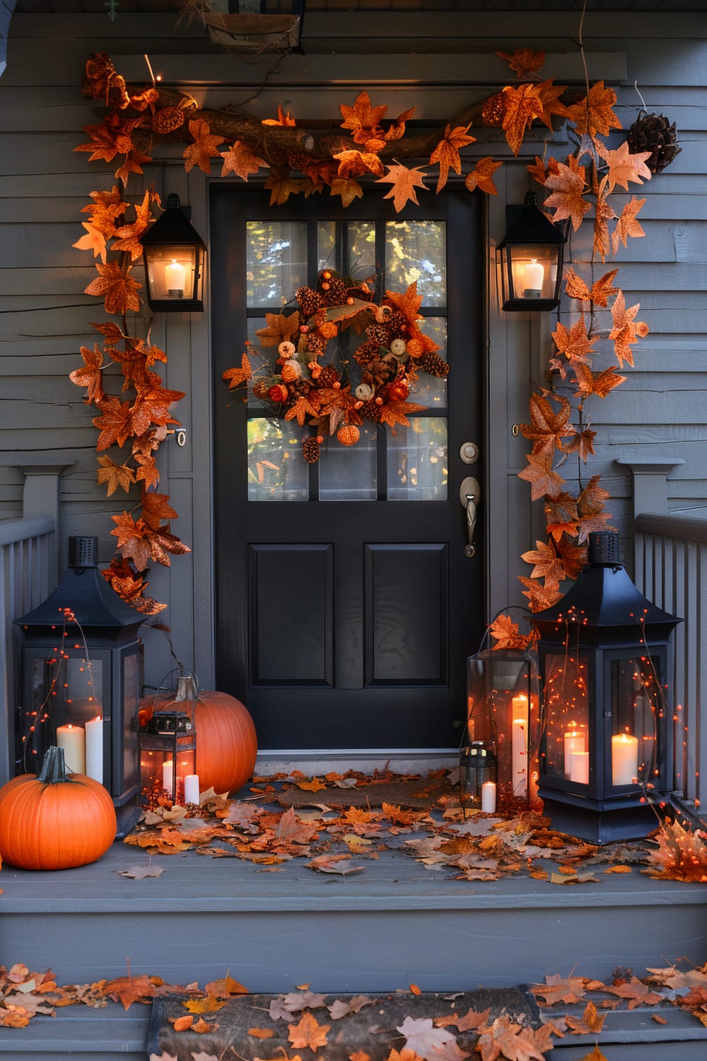 This image shows a front porch decorated for autumn. The dark-painted front door is adorned with a wreath featuring pine cones, oranges, and leaves. There are two lanterns on either side of the door with lit candles inside and orange fairy lights wrapped around them. Pumpkins and scattered autumn leaves add a festive touch to the porch steps, while an overhead garland of orange leaves frames the entrance artfully.