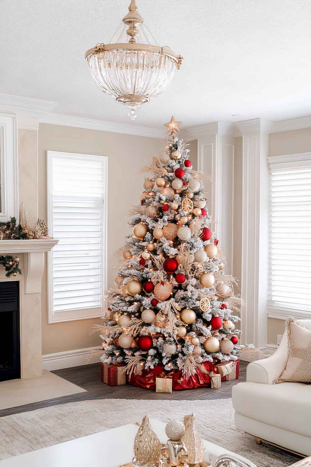 Beautifully decorated Christmas tree in a sophisticated living room. The tree is adorned with red, gold, and white ornaments and topped with a golden star. Gifts wrapped in red and gold paper are placed at the tree's base. The room features a white mantel with a garland above a fireplace, white plantation shutters on the windows, and beige walls. A plush white sofa, decorated with gold-accented pillows, adds elegance. A crystal chandelier hangs from the ceiling, and decorative objects with a gold finish rest on a white coffee table in the foreground.