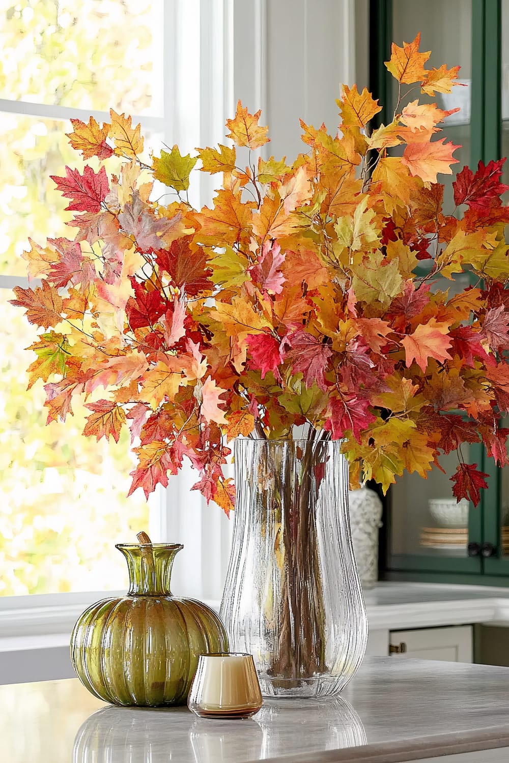 A clear glass vase filled with a large arrangement of artificial autumn leaves in shades of red, orange, yellow, and green is placed on a marble countertop. Next to the vase is a green ribbed glass pumpkin-shaped container with a lid, and a small glass votive candle holder. In the background, white cabinetry and shelving units with light green accents can be seen.