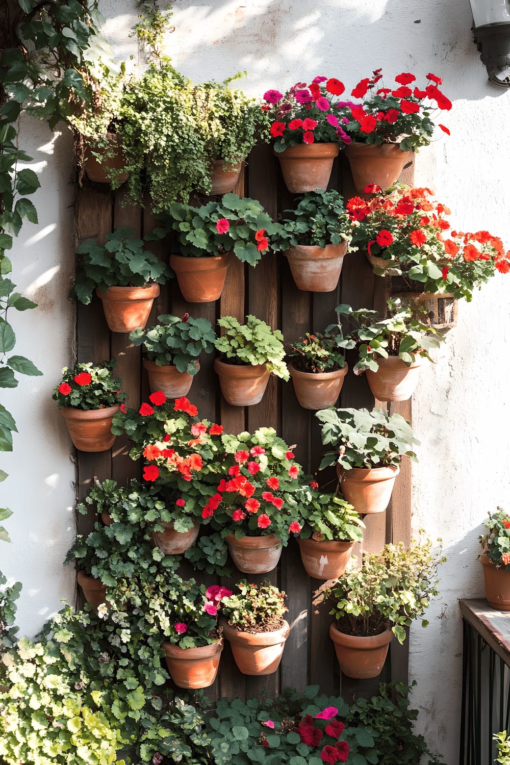 A vertical wooden wall garden located on a sunny balcony, adorned with rustic hanging terracotta pots profusely filled with trailing ivy, ferns, and patches of bright impatiens. The arrangement effectively exploits a small gardening space, creating a lively and attractive green corner.