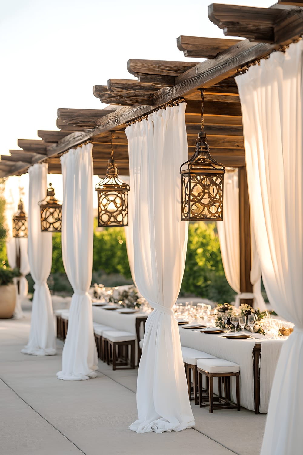 A side view of an elegant outdoor pergola decorated with sheer white curtains and multiple ornate metal lanterns in gold and bronze tones hanging from the ceiling. Beneath the pergola, there is a sophisticated outdoor dining area set with white tablecloth and napkins. The scene is imbued with a warm, sunset-like glow from the lanterns, enhancing the beauty of the outdoor setting.