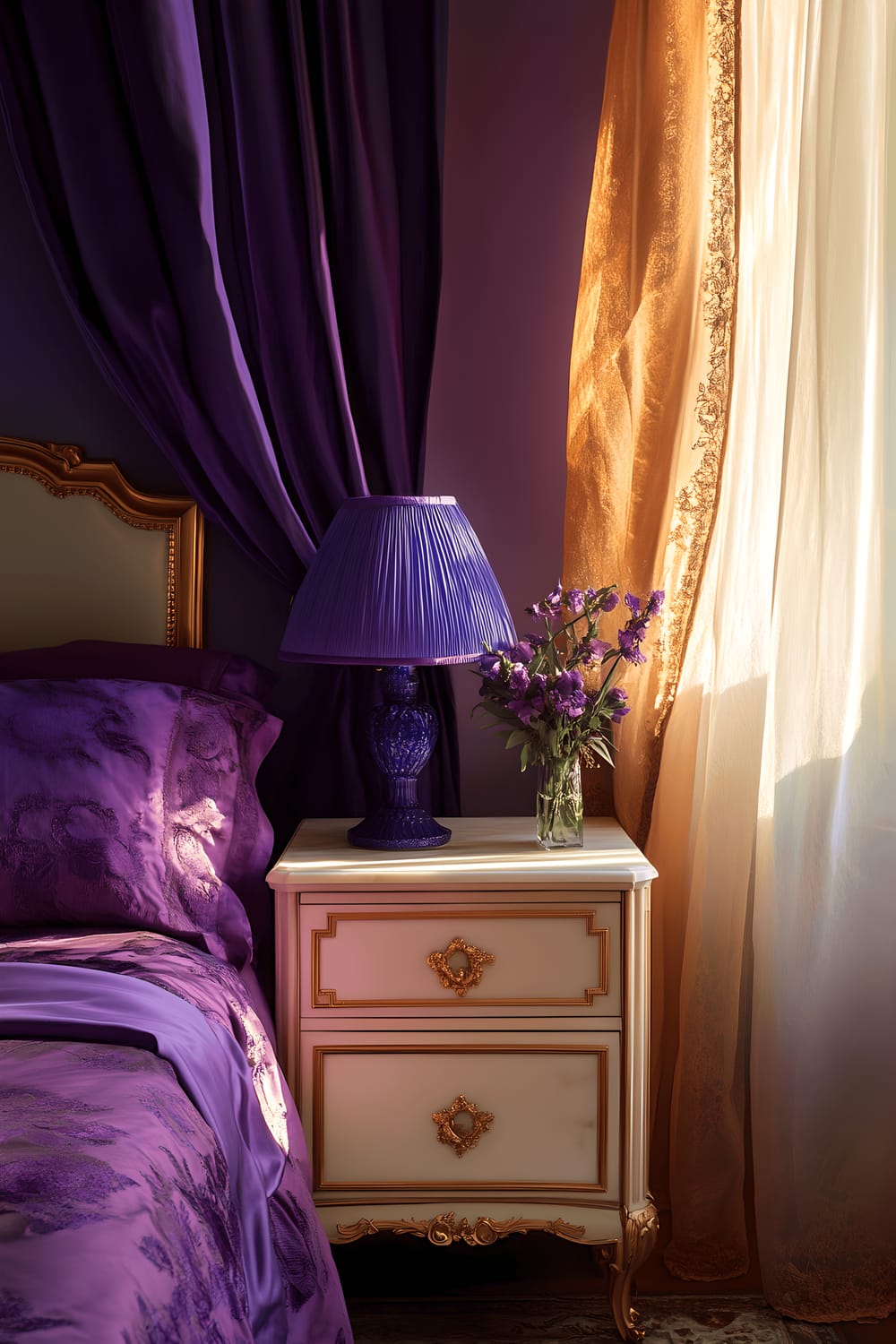 A serene bedroom scene capturing a white onyx nightstand topped with a cobalt blue lamp next to a bed draped in royal purple satin bedding. Oxblood red vintage furniture occupies a portion of the room, catching warm natural light filtering through sheer curtains. Golden brass lighting fixtures compliment the space, adding to its warmth.