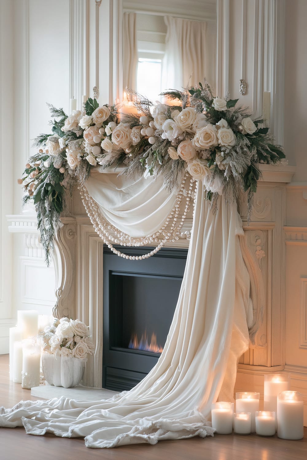 A luxurious white velvet garland adorned with pearl accents draped over a feminine fireplace mantel. The garland features lush white roses and greenery, softly lit by LED candlelight. A cascade of white velvet fabric flows down from the mantel, surrounded by additional white candles and a bouquet of white flowers placed on the floor next to the fireplace.