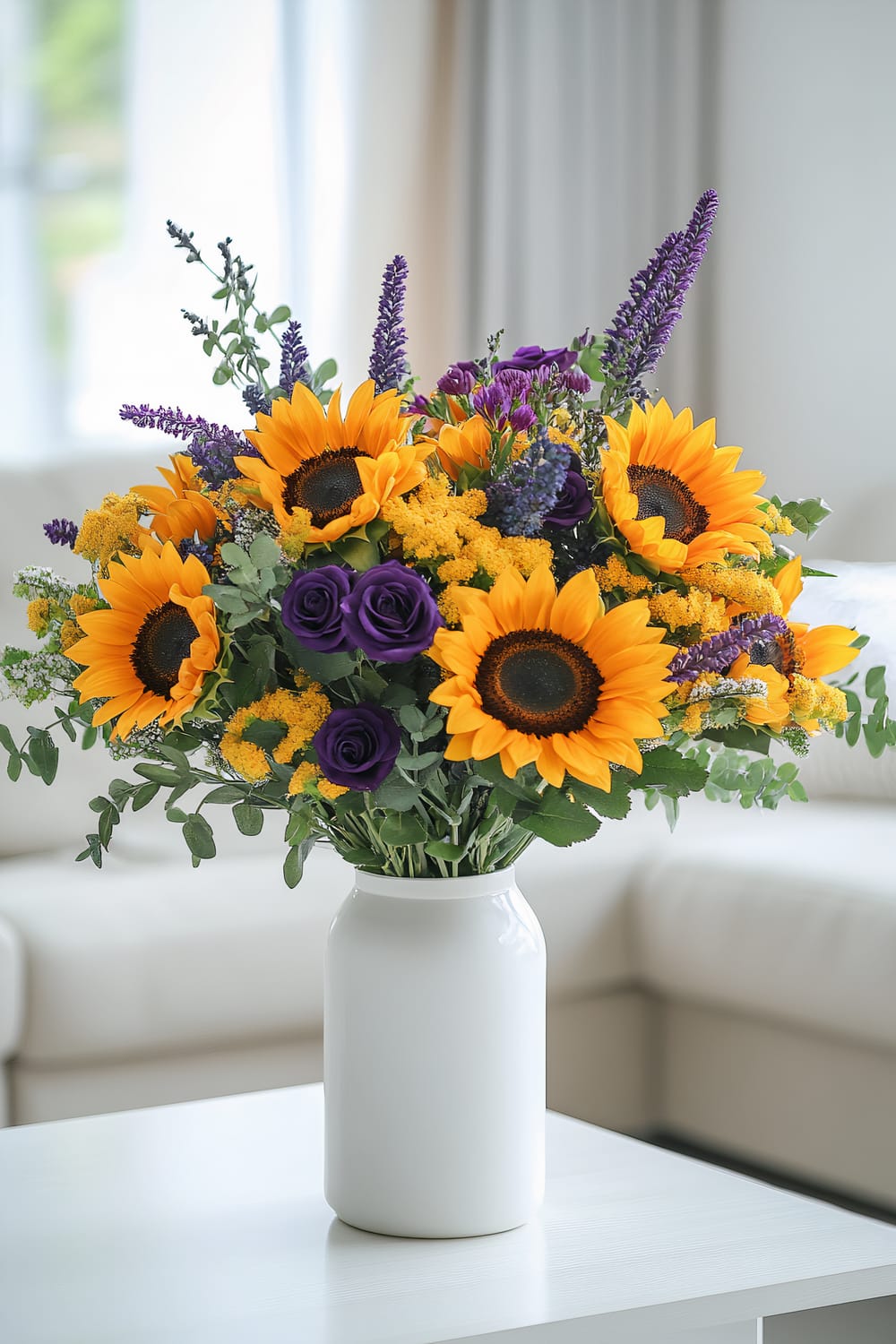 A bright and vibrant bouquet of sunflowers, purple roses, lavender, and yellow filler flowers arranged in a simple white ceramic vase. The bouquet is placed on a white table in a minimalistic, light-filled living room with a white couch in the background.