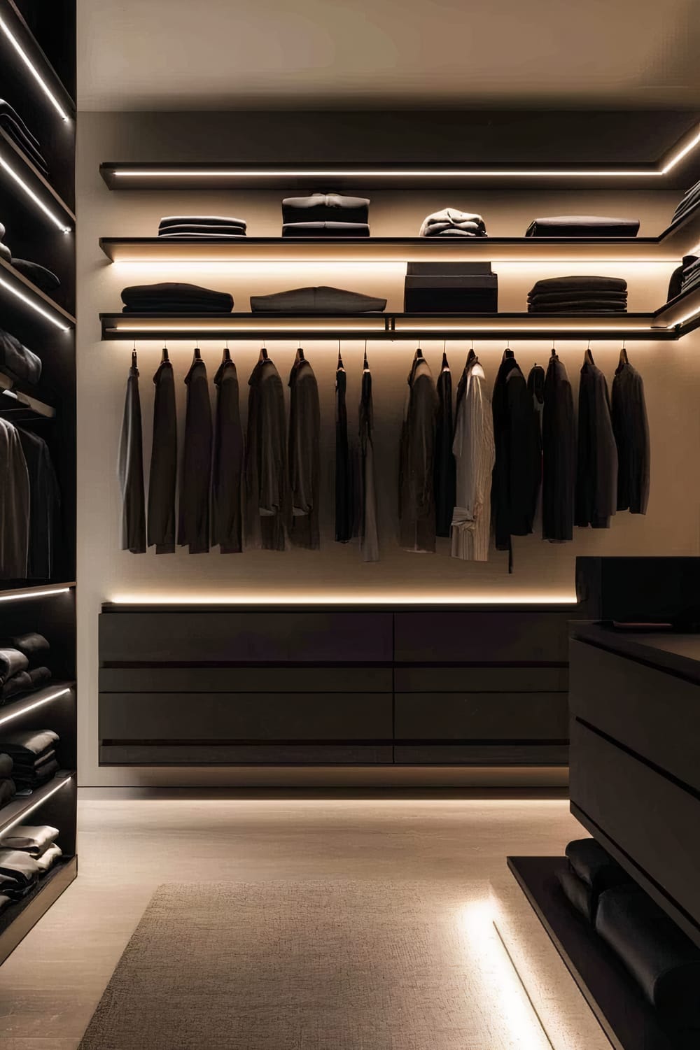 An organized room featuring a white closet with LED strip lighting highlighting the shelves displaying neatly folded clothes. There are hanging garments, and a minimalist black dresser with a single decorative item. The walls are soft grey, contributing to a spacious and tidy appearance.