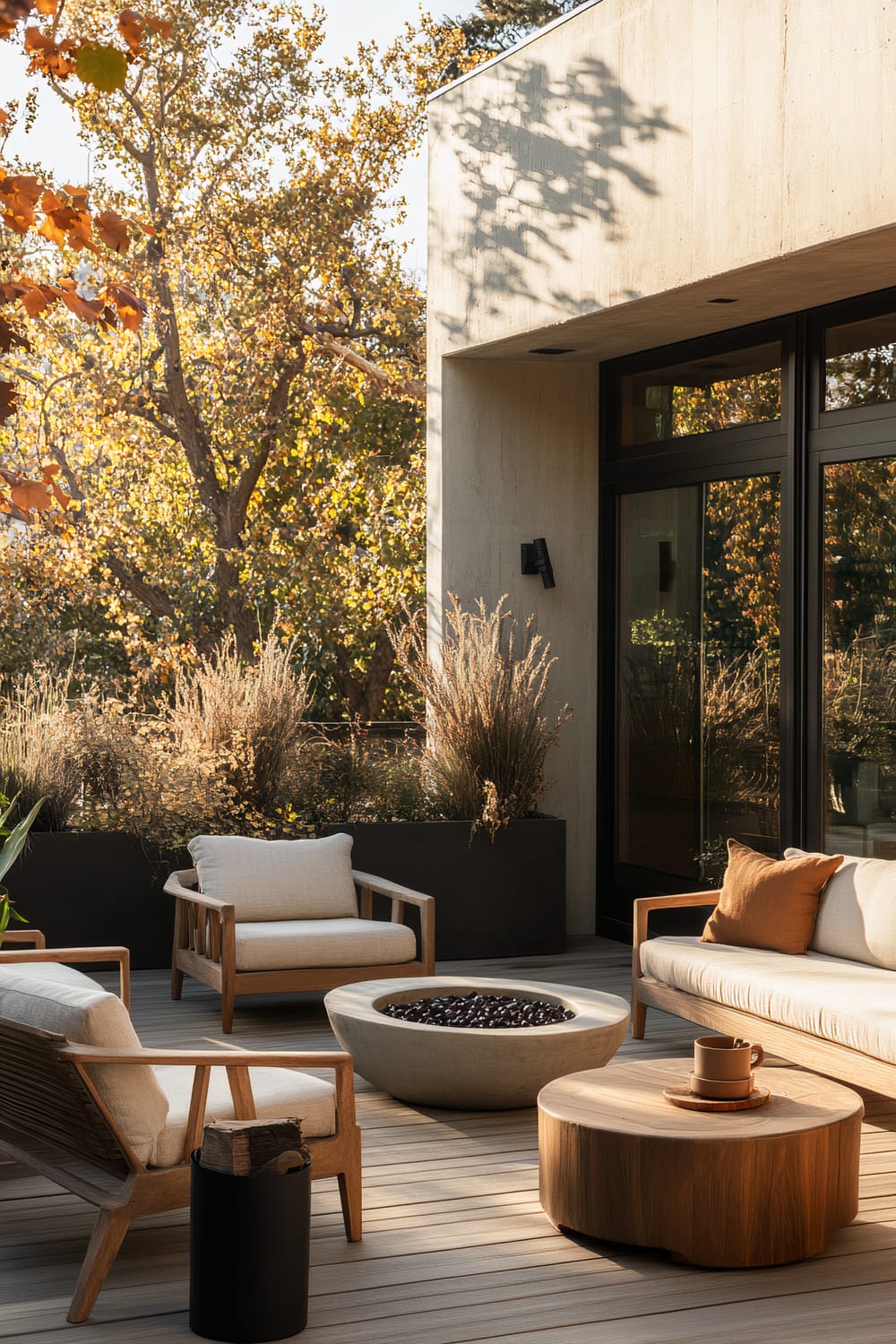 An outdoor patio space with modern, minimalistic furniture. The area features a beige cushion sofa and chairs with wooden frames, centered around a round concrete fire pit. A wooden coffee table holds a beige mug and saucer. In the background, planters with tall, brown grasses line the wall, and tall trees with autumn-colored leaves can be seen.