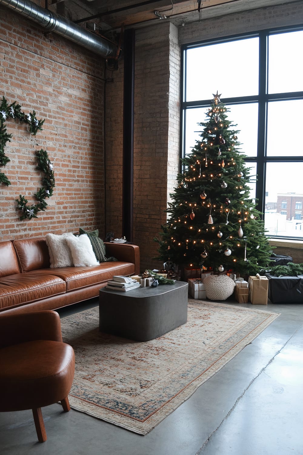 A stylish, festive living room with an exposed brick wall and large industrial-style windows. A tall, decorated Christmas tree adorned with ornaments and lights stands in the corner near the windows. A sleek brown leather sofa is accented with plush white and green pillows, and a simple coffee table holds books and a Christmas wreath. Wrapped presents and a round pouf are laid underneath the Christmas tree. A rich-patterned area rug adds warmth to the polished concrete floor, while a single cozy armchair completes the scene.