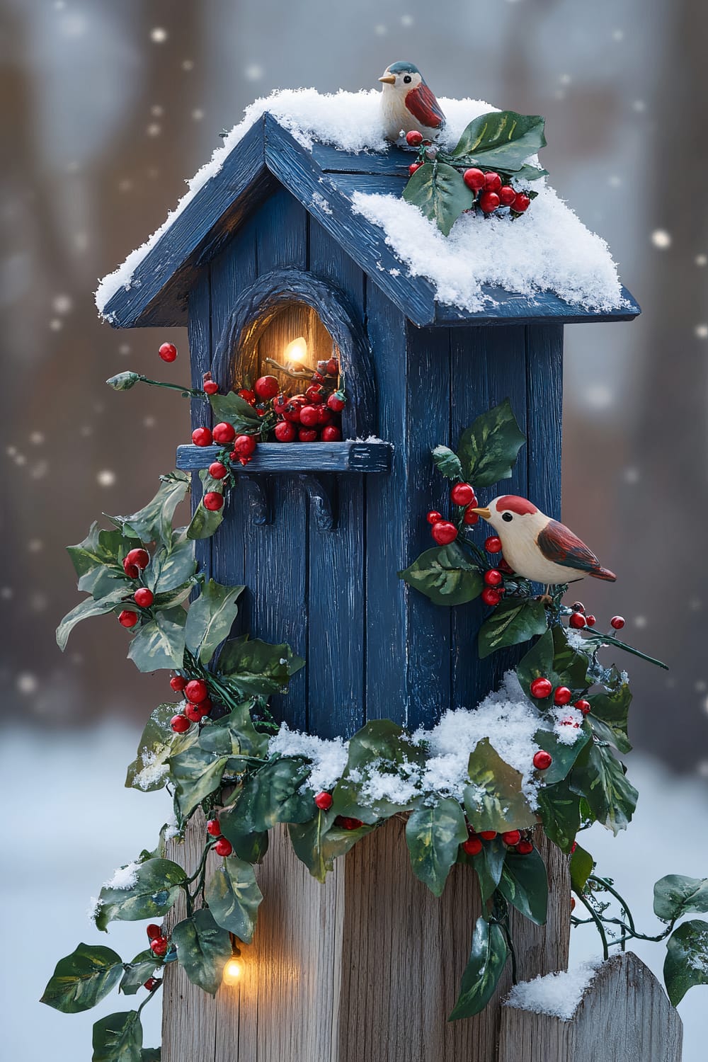 A charming ceramic birdhouse planter painted in deep navy blue, filled with trailing ivy and clusters of bright red berries, mounted on a snow-covered fence post in a serene backyard garden. The birdhouse is adorned with small wooden bird ornaments and subtle white fairy lights. Soft moonlight illuminates the scene, enhancing the deep blue and vibrant red contrasts and creating a whimsical and magical Christmas display with a touch of fairy tale charm.