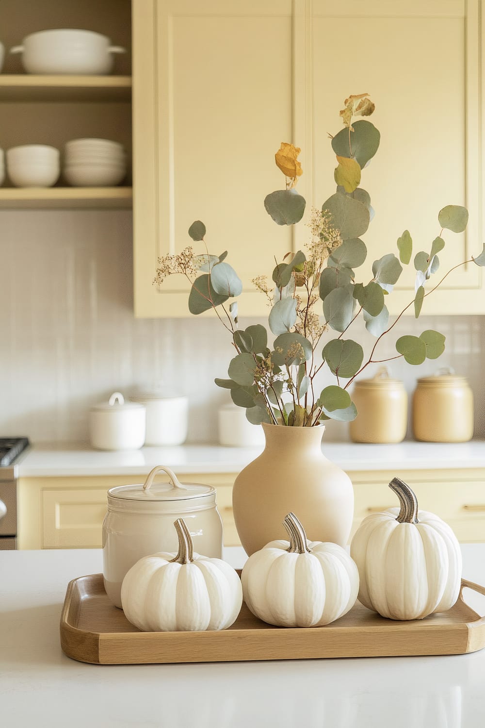 A well-organized kitchen features a light beige color palette. On a white countertop, there is a wooden tray holding three small white pumpkins, a matching ceramic jar with a lid, and a vase with eucalyptus branches and a couple of dried yellow leaves. In the background, light yellow cabinets and open shelves hold white dishes and ceramic canisters, creating a serene and harmonious ambiance.